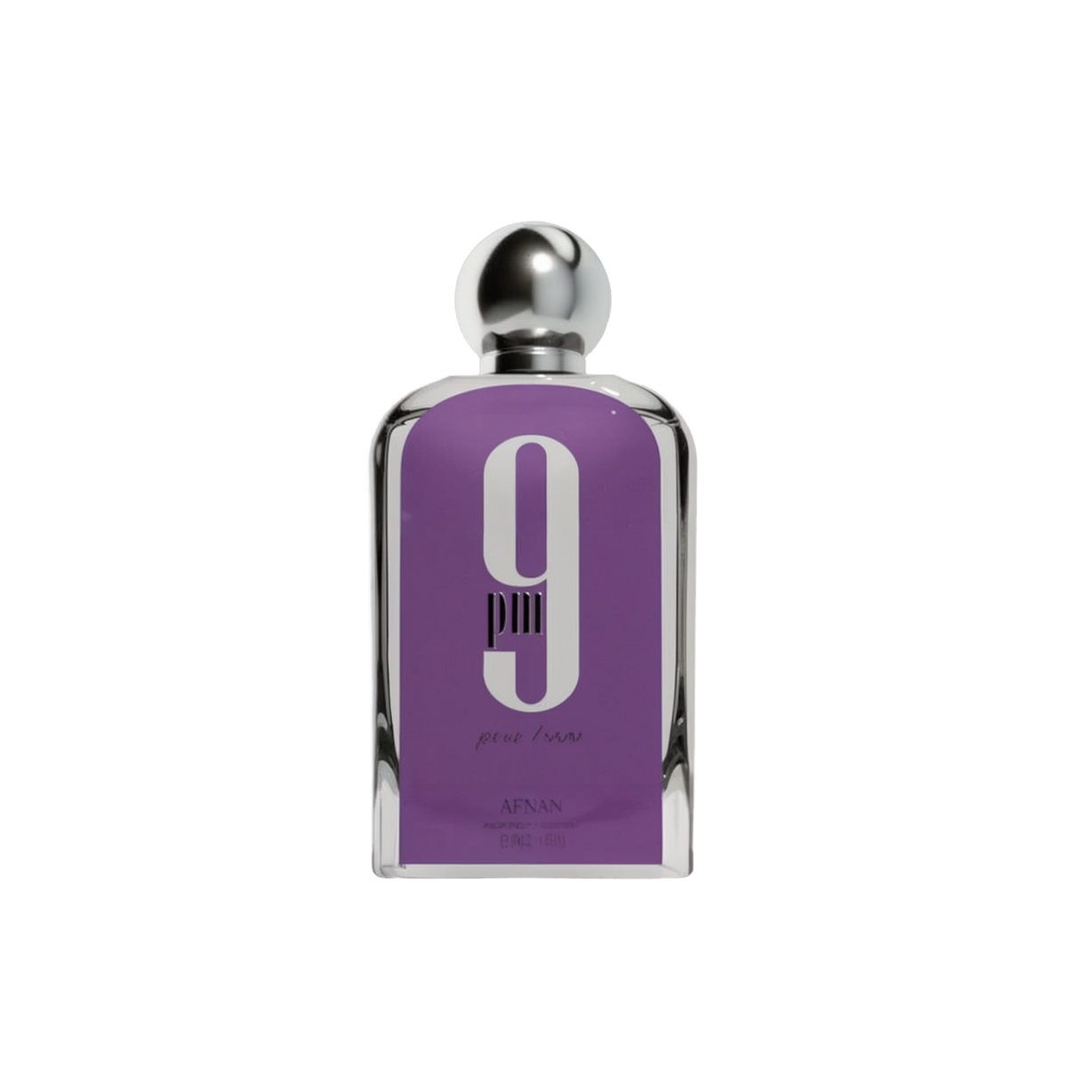 The image is of a rectangular perfume bottle with a silver spherical cap. The bottle has a deep purple label with a large white number "9" printed in the center. Below the number, the text "pour homme" in lowercase white font indicates that the fragrance is for men. The brand "AFNAN" is also printed at the bottom of the label in a smaller white font. The bottle appears to be made of clear glass with a reflective silver neck, highlighting the simplicity and elegance of the design.