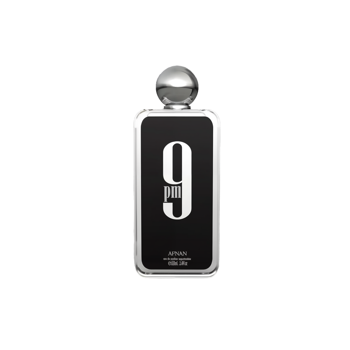 Black bottle of Afnan 9PM Eau De Parfum with bold white text and silver round cap.