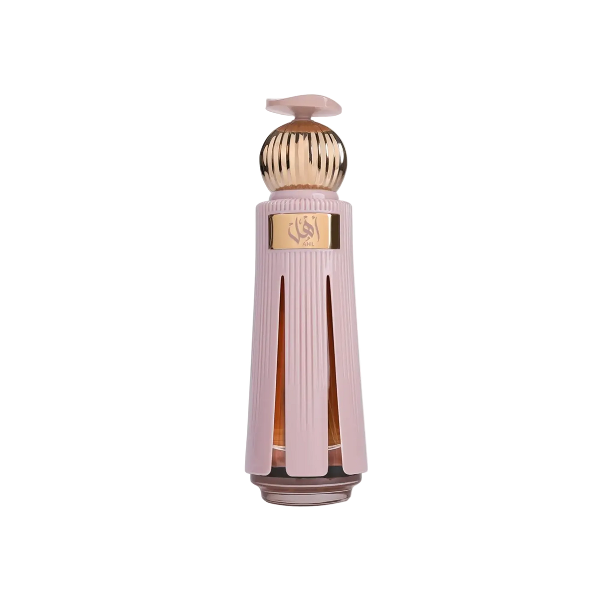 AHL perfume bottle featuring a soft blush pink ribbed outer casing with vertical panels, topped with a gold cap and pale pink lid.