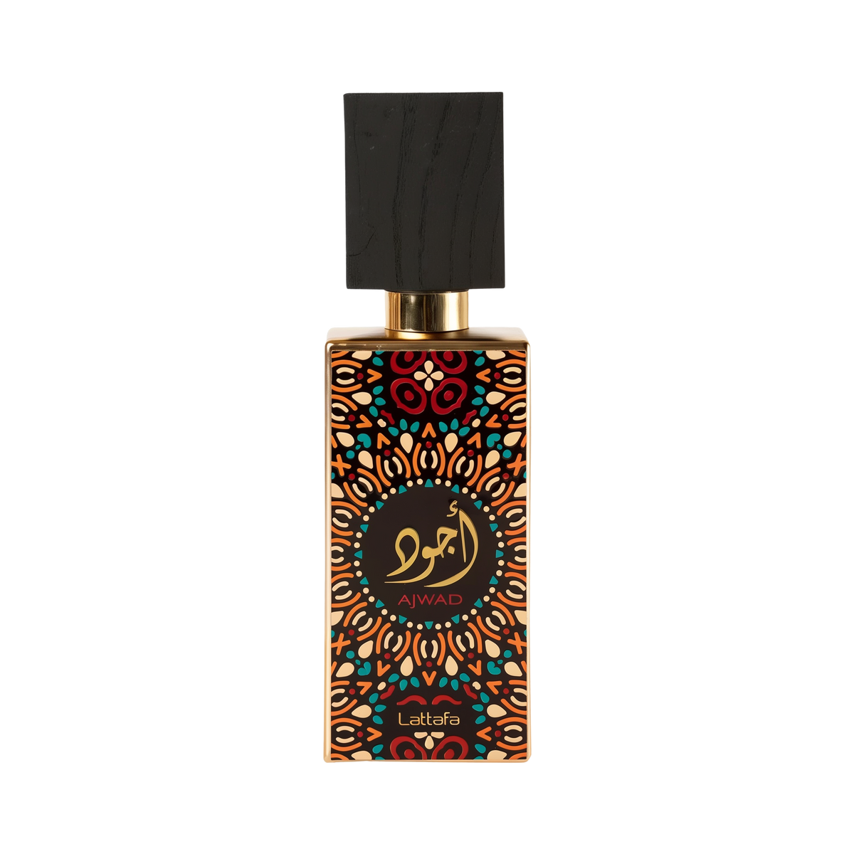 Lattafa Ajwad perfume bottle featuring a vibrant, colorful geometric pattern, gold accents, and a black wood cap.