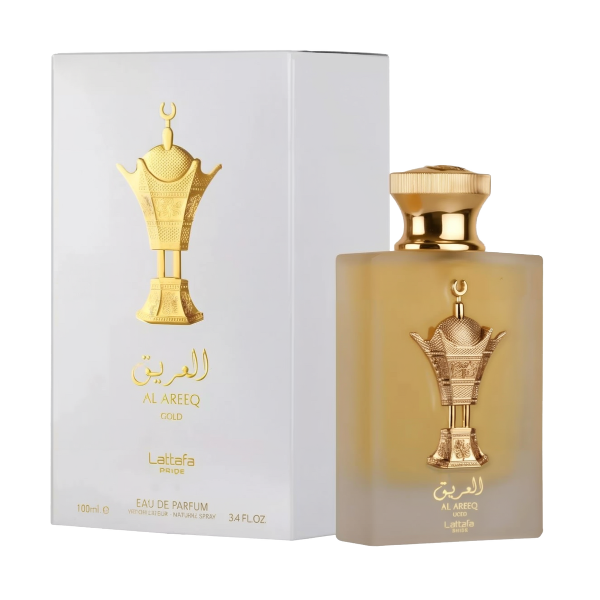 The image shows a perfume bottle and packaging from Lattafa named "Al Areeq Gold." The bottle has a rectangular, gold design with a golden cap and features an ornate gold emblem.