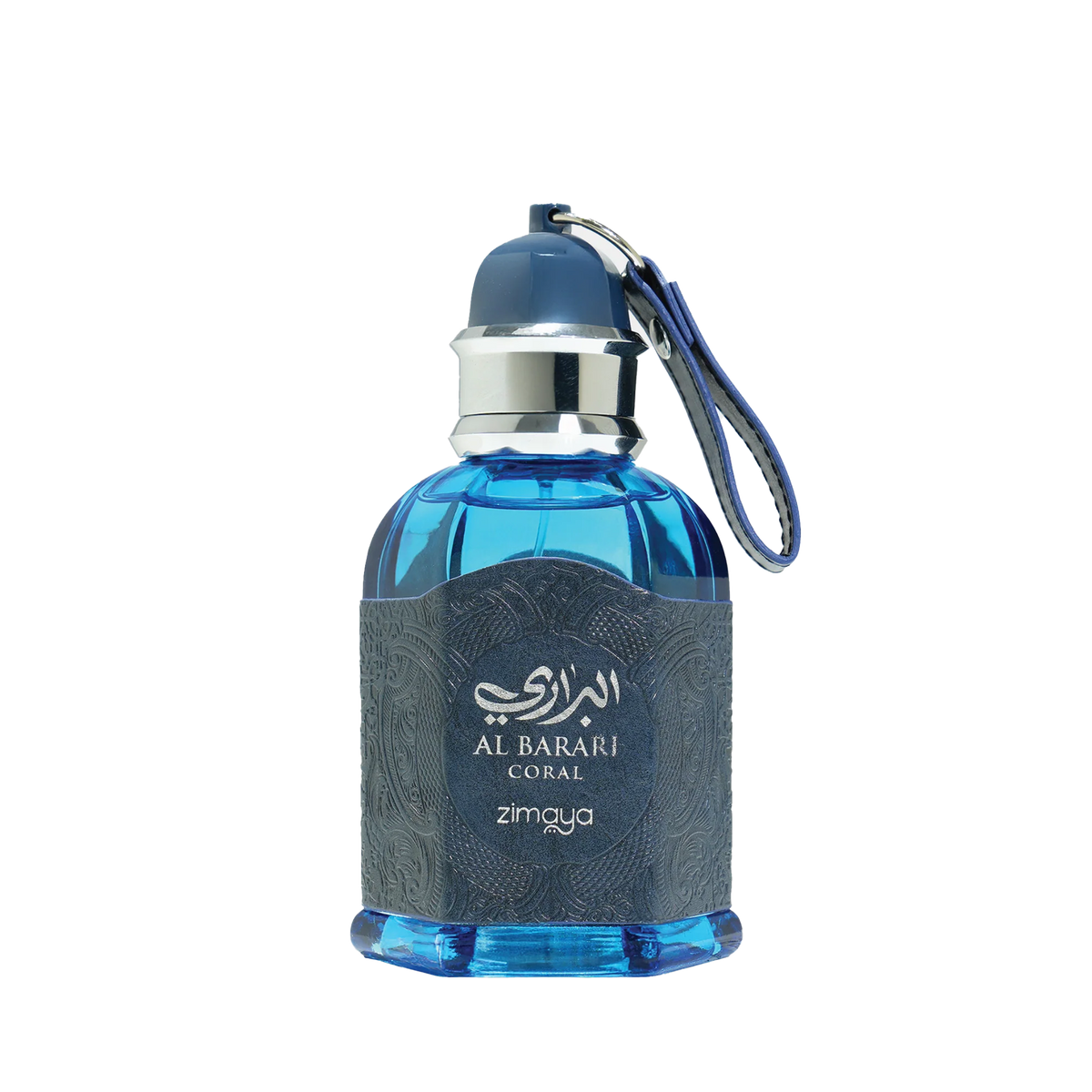 Blue perfume bottle with silver cap, leather-textured label, and Al Barari Coral Zimaya branding on front.