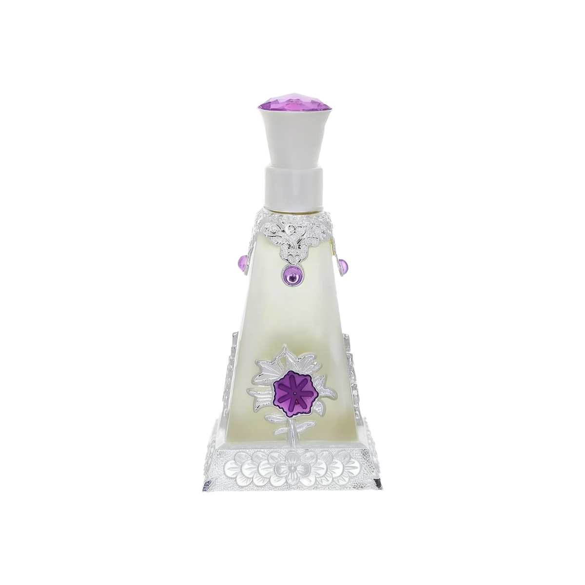 A pyramid-shaped perfume bottle with intricate silver detailing and purple accents, featuring a purple flower design on the front.