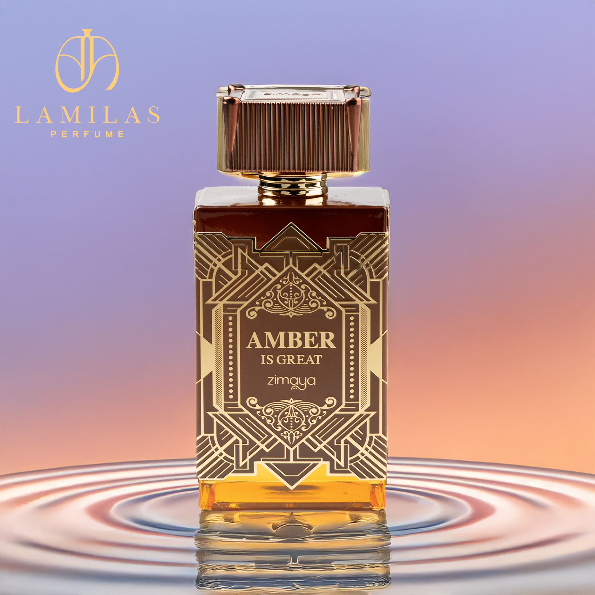 Zimaya Amber Is Great perfume bottle on rippled surface with gradient backdrop.