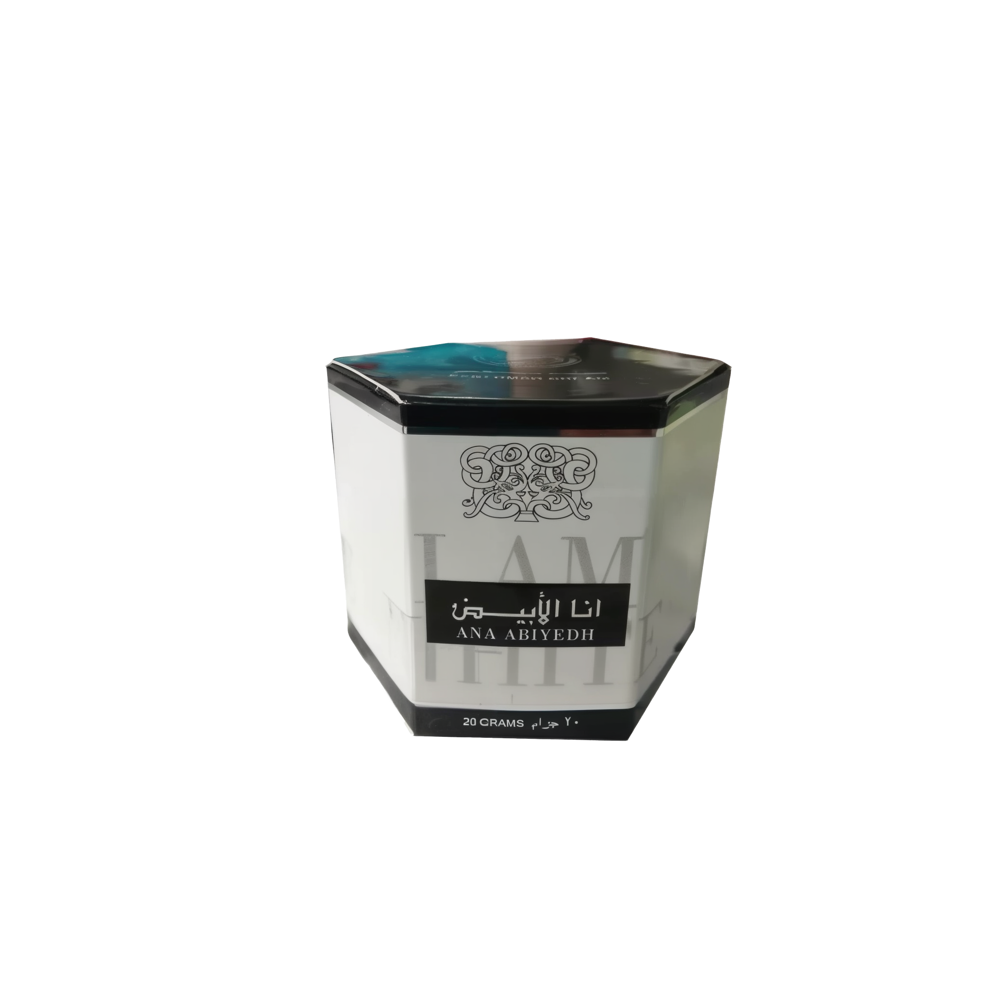 The image shows a hexagonal-shaped cream box from Ard Al Zaafaran. The box is primarily white with a black top. The center of the box features Arabic calligraphy in black, and below that, in English, it says "ANA ABIYEDH." At the bottom of the box, "20 GRAMS" is printed in a smaller font. The box has a turquoise-colored design along the top edge. There's a small, faded graphic and text on the left side of the box that appears to be part of the product branding.