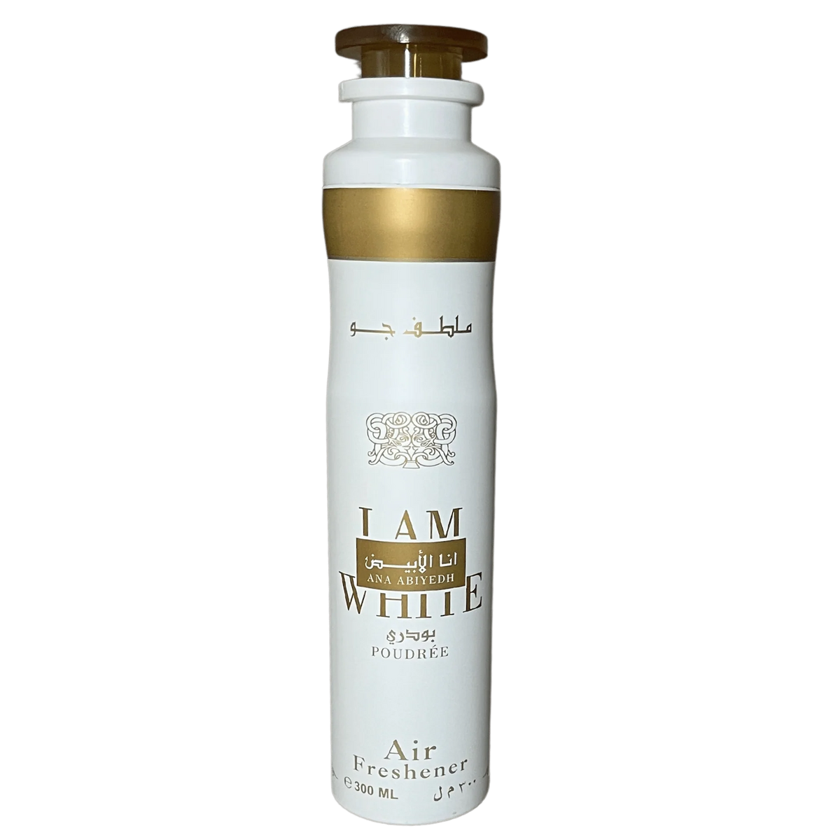 White Ana Abiyedh I Am White Poudrée air freshener can with gold accents.
