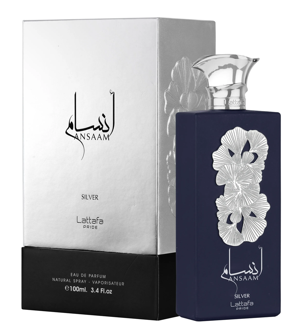 Ansaam Silver perfume bottle with floral silver design beside matching silver and black box.