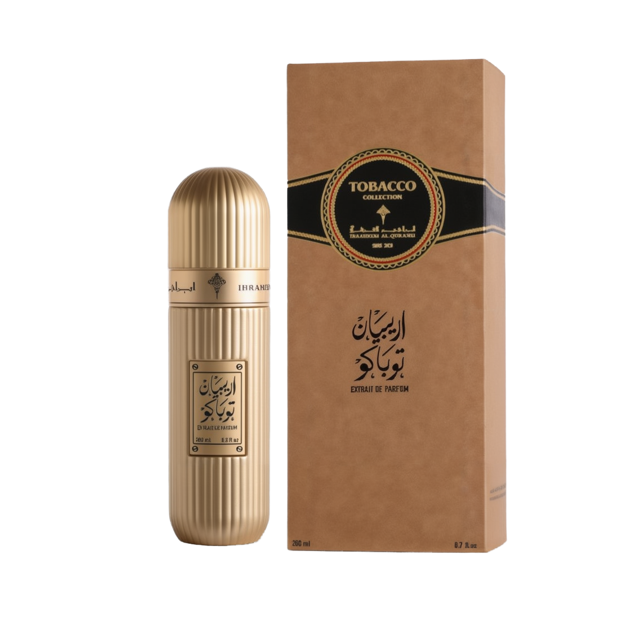 A luxurious bottle of Arabian Tobacco Extrait De Parfum by Ibraheem Al-Qurashi, displayed beside its matching box.