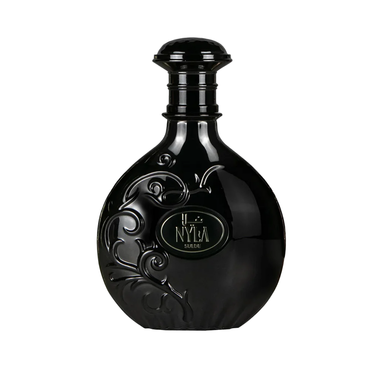 Black round perfume bottle of Arabiyat Prestige Nyla Suede with embossed floral pattern and elegant cap.