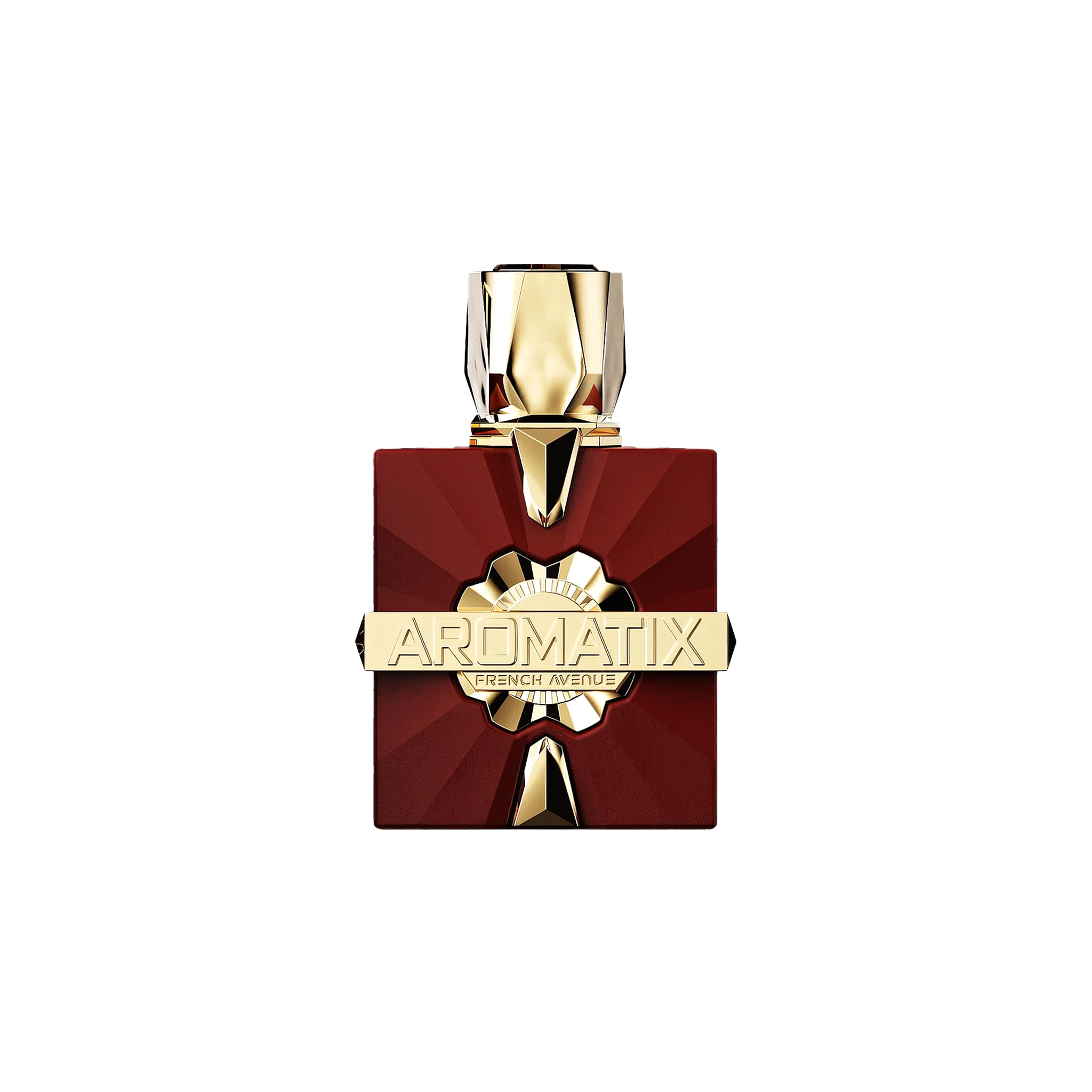 Deep red square perfume bottle with a faceted gold cap and featuring a gold Aromatix French Avenue plaque.