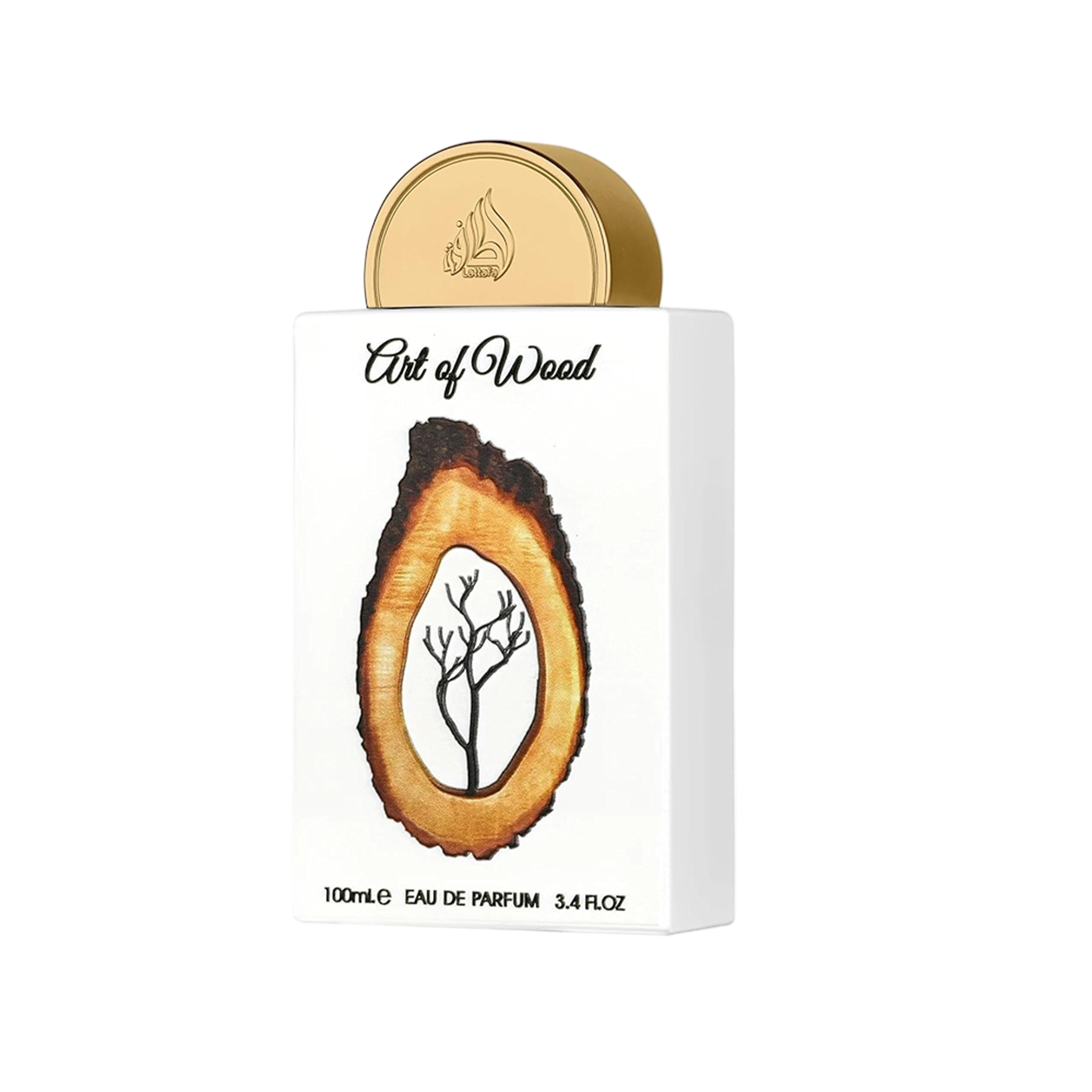 Lattafa Art of Wood perfume bottle in white with gold cap and wood-grain tree design.