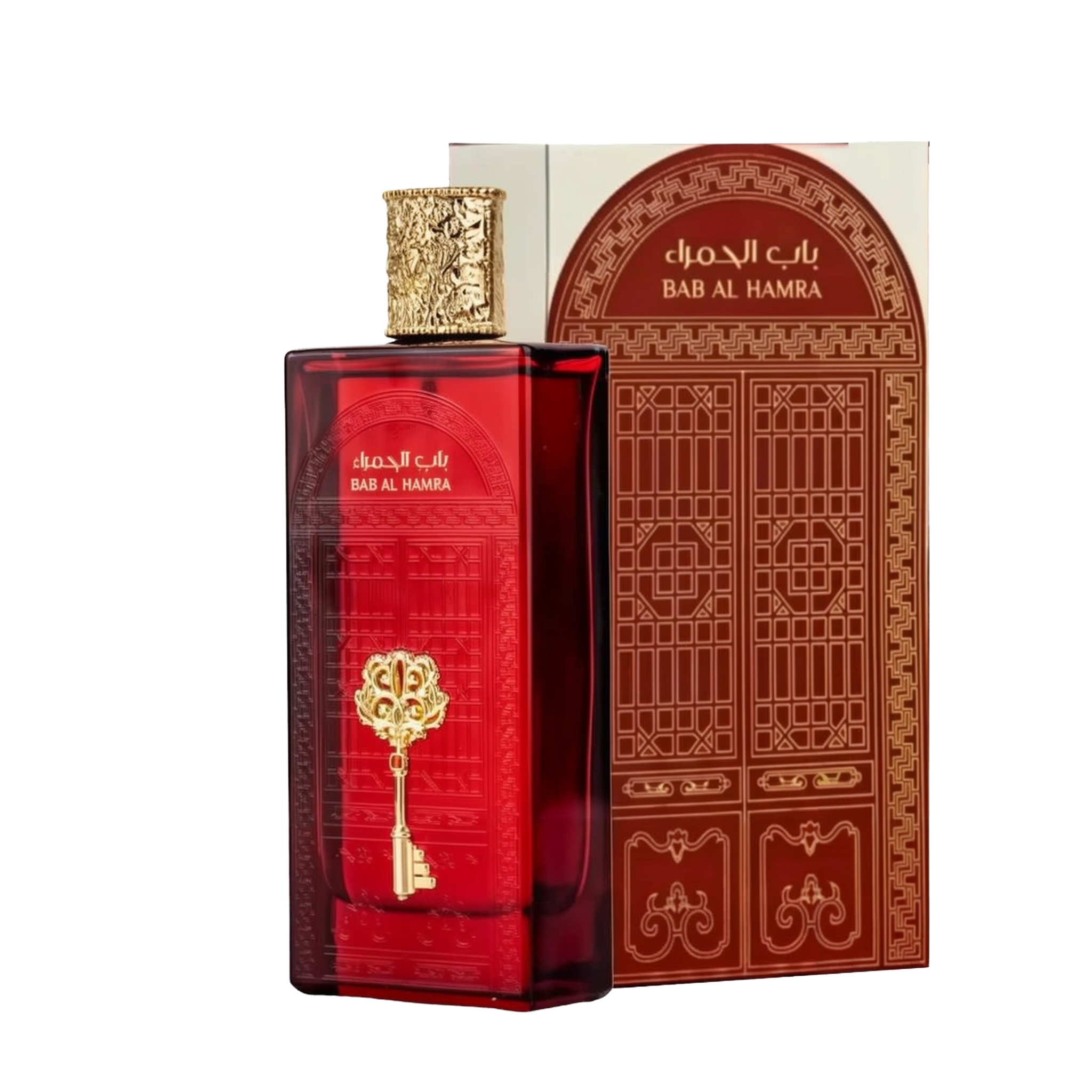 The image features a rectangular perfume bottle with a deep red hue and a highly ornate gold cap. On the bottle is an embossed golden emblem in the shape of a key, which adds to the luxurious appearance of the product. Accompanying the bottle is a box with Arabic and English text, "??? ?????? / BAB AL HAMRA," likely the name of the fragrance. The product appears to be of Middle Eastern origin and suggests a fragrance with a rich and exotic scent.