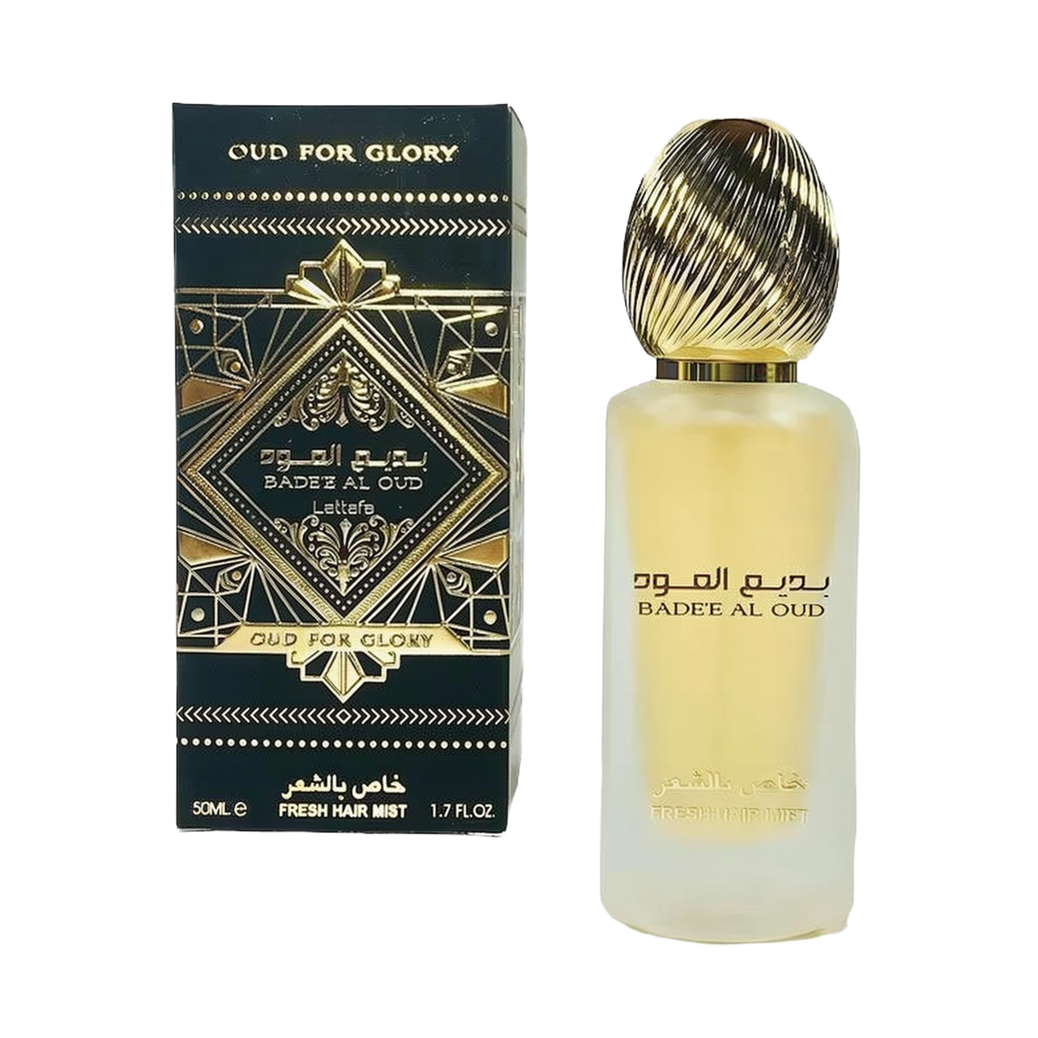 The image features a frosted glass perfume bottle with a golden ribbed cap and a black and gold packaging box. The box has an intricate geometric and arabesque design in black and gold, with the name "OUD FOR GLORY" and "BADEE AL OUD" prominently displayed, alongside the brand "Lattafa." The box also specifies "50ML / FRESH HAIR MIST / 1.7 FL.OZ."