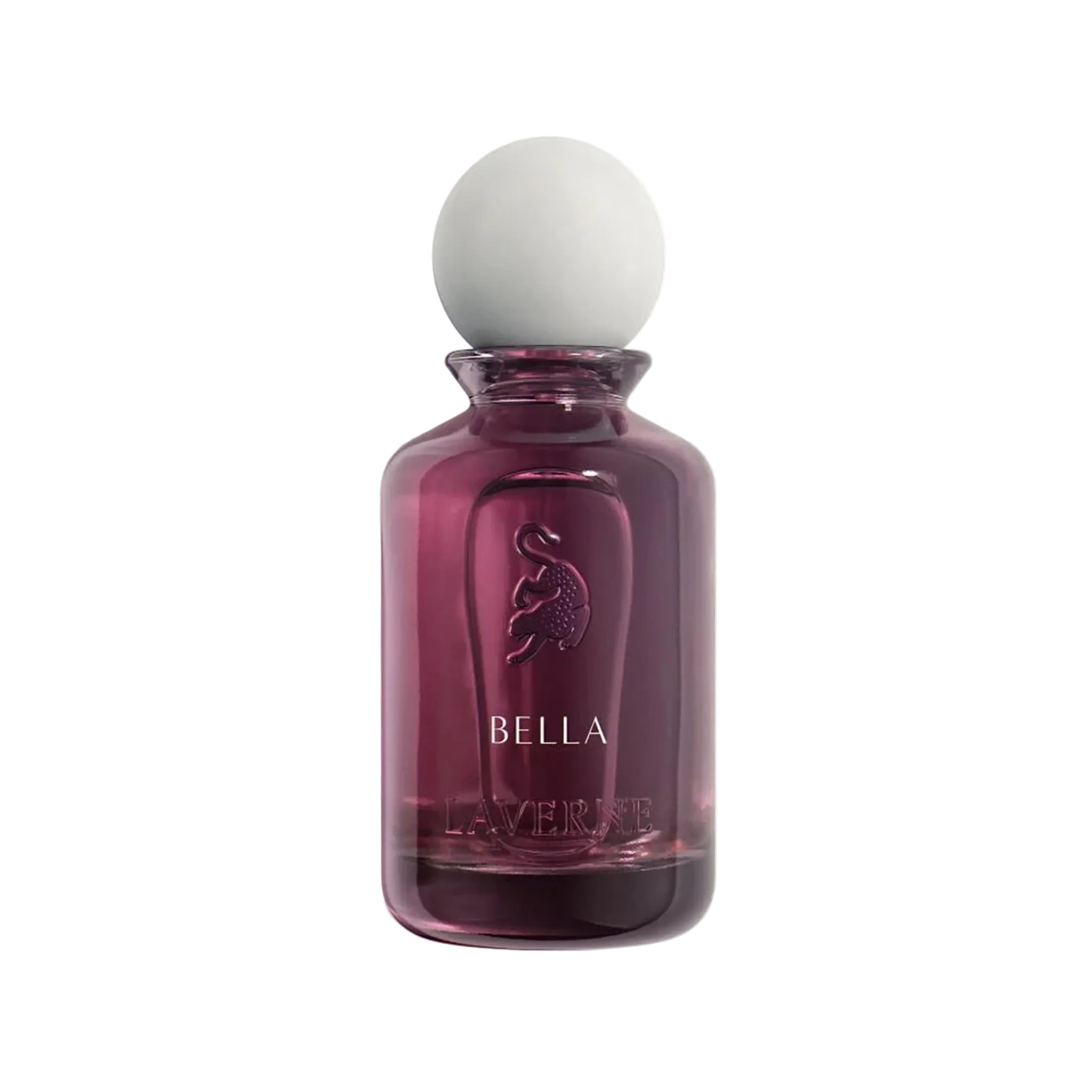 Deep plum Bella perfume bottle by Laverne with a matte white cap.