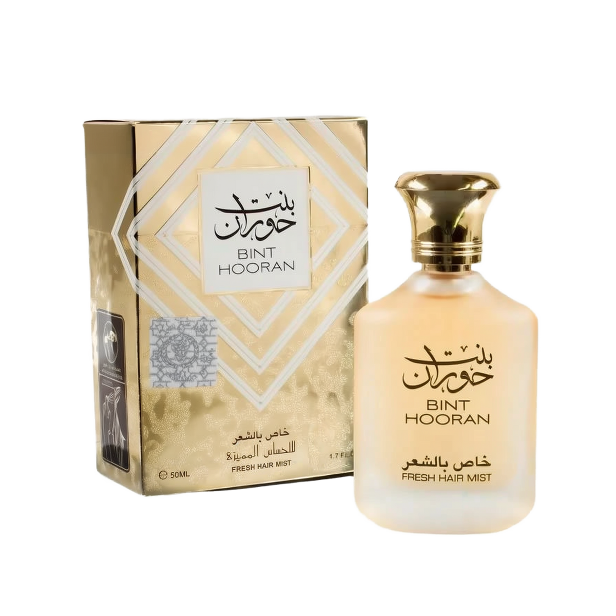 The image shows a fragrance product consisting of a bottle and its corresponding box. It features the label "BINT HOORAN" in both English and Arabic calligraphy. Below the name, the text "FRESH HAIR MIST." The box has a gold metallic finish with geometric white and gold patterns framing a white label with the name "BINT HOORAN." Additional details on the box label include "FRESH HAIR MIST" and the volume "50ML / 1.7 FL.OZ."