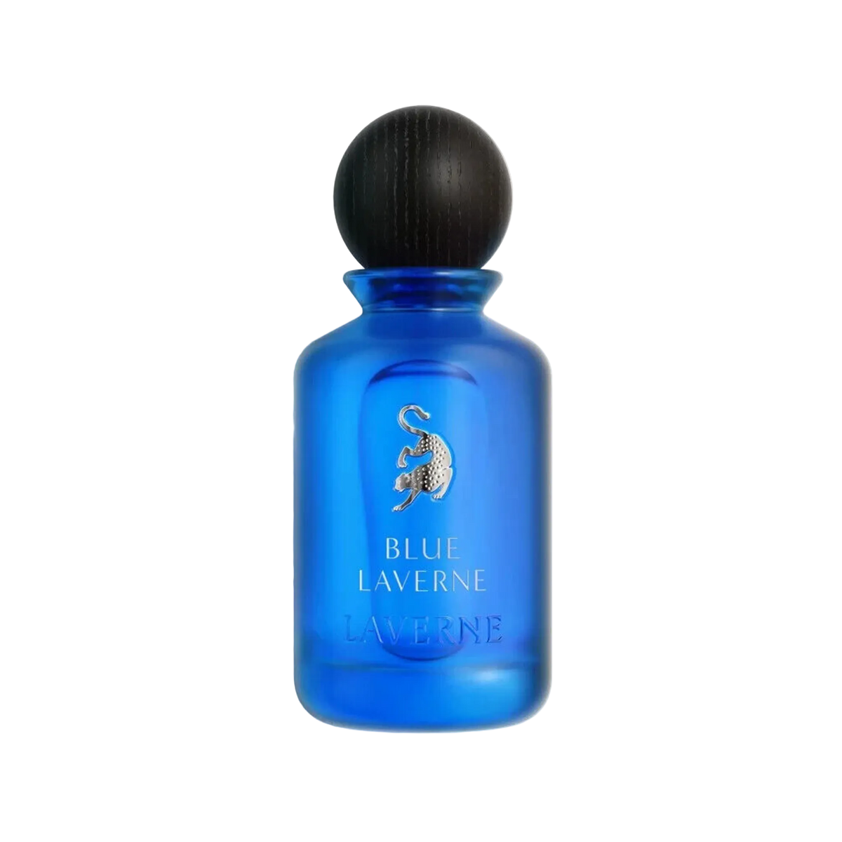 Cobalt blue frosted Blue Laverne perfume bottle with black rounded cap.