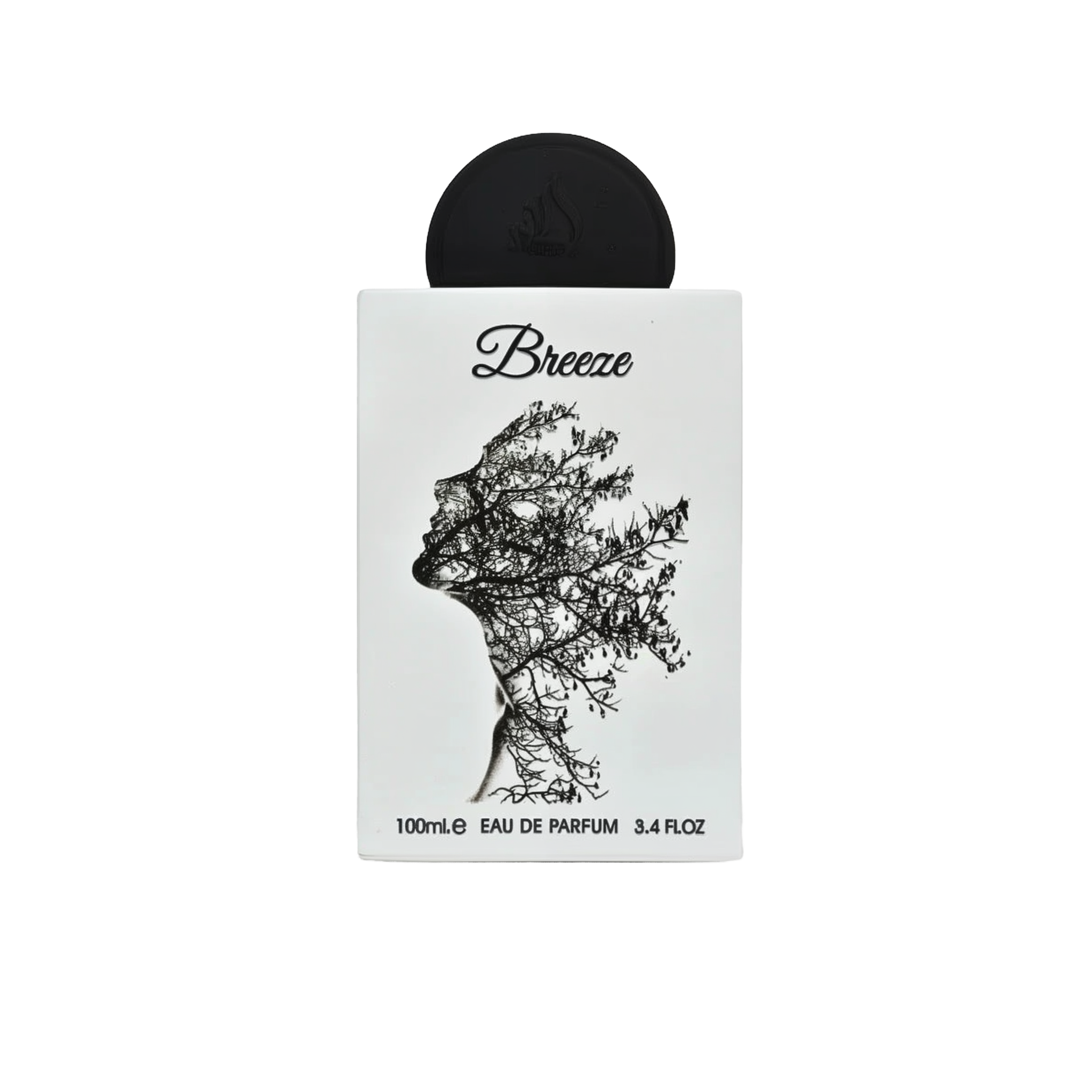 The image displays a perfume package named "Breeze" by Lattafa. The box is white and features an artistic silhouette of a woman's profile composed of tree branches, embodying the name "Breeze." Above the silhouette is the product name in a simple, modern