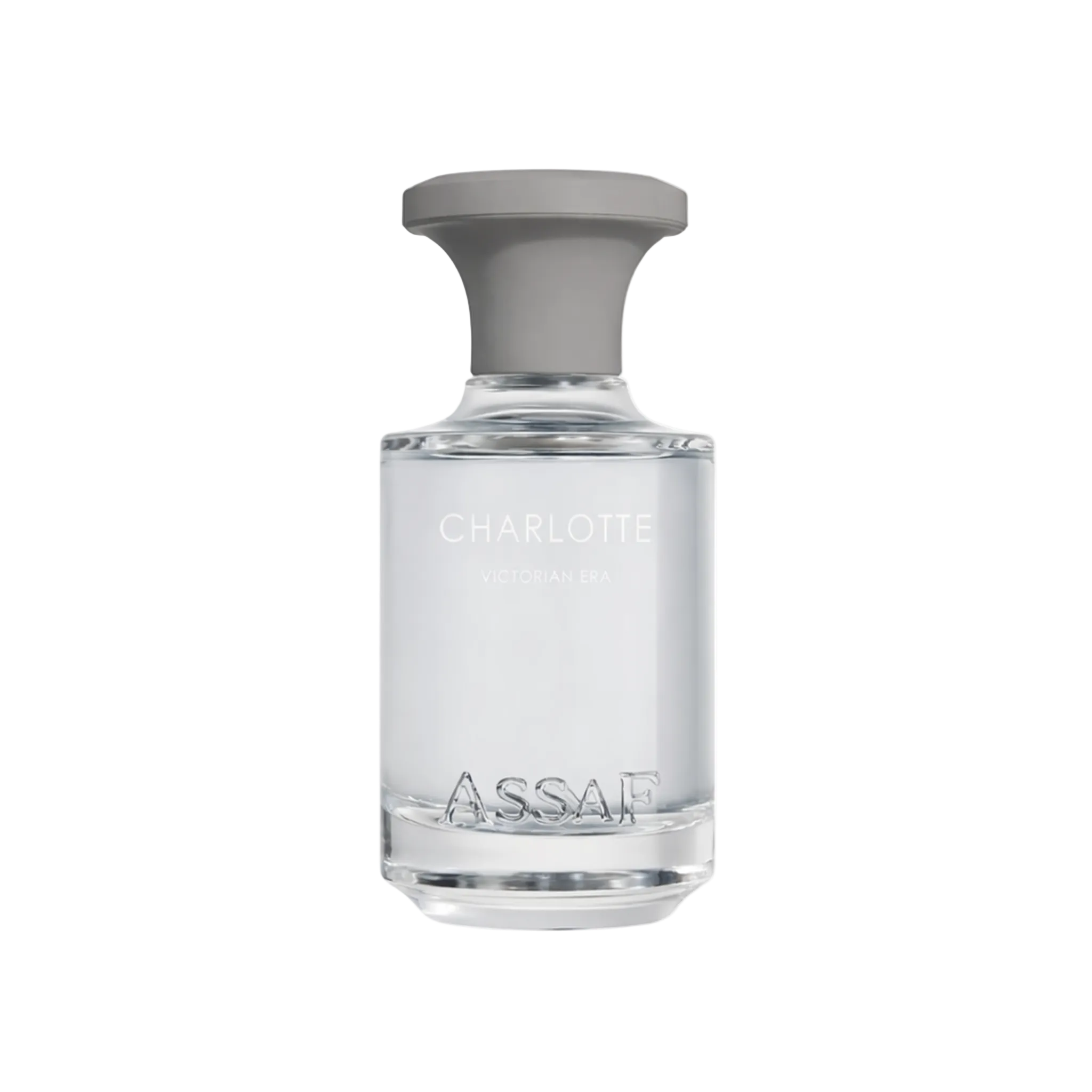 Clear light perfume bottle with grey cap labelled “Charlotte Victorian Era”.