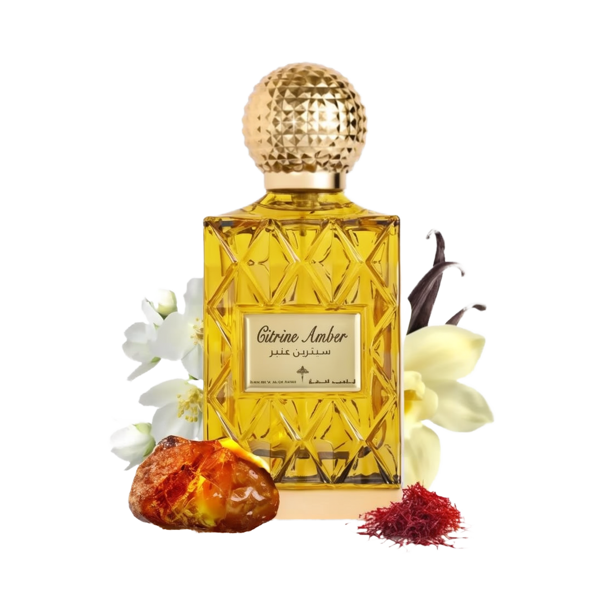 The image depicts a perfume bottle with a golden yellow liquid, named "Citrine Amber." The bottle has a textured gold cap and a label with the name in both English and Arabic script. Surrounding the bottle are a piece of amber resin, a few saffron threads to the right, vanilla pods to the upper right, and white flowers to the left, likely to represent some of the scent notes in the fragrance.