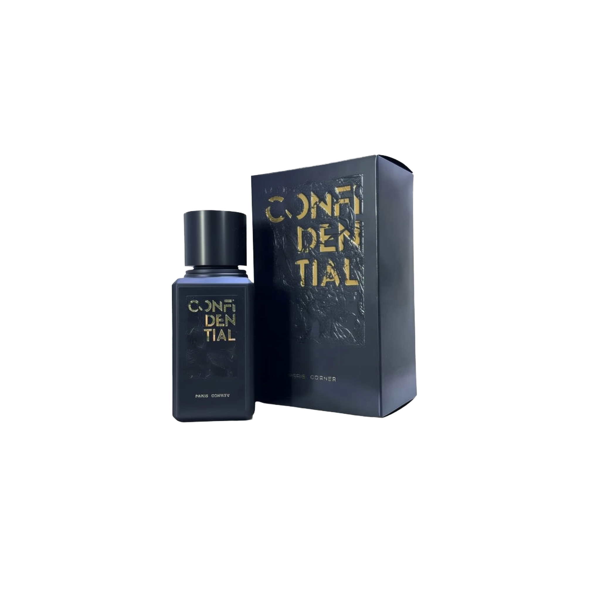 A tall, rectangular black perfume bottle with a cylindrical cap, featuring embossed gold “CONFIDENTIAL” text by Paris Corner, shown next to a matching black box with the same gold lettering.