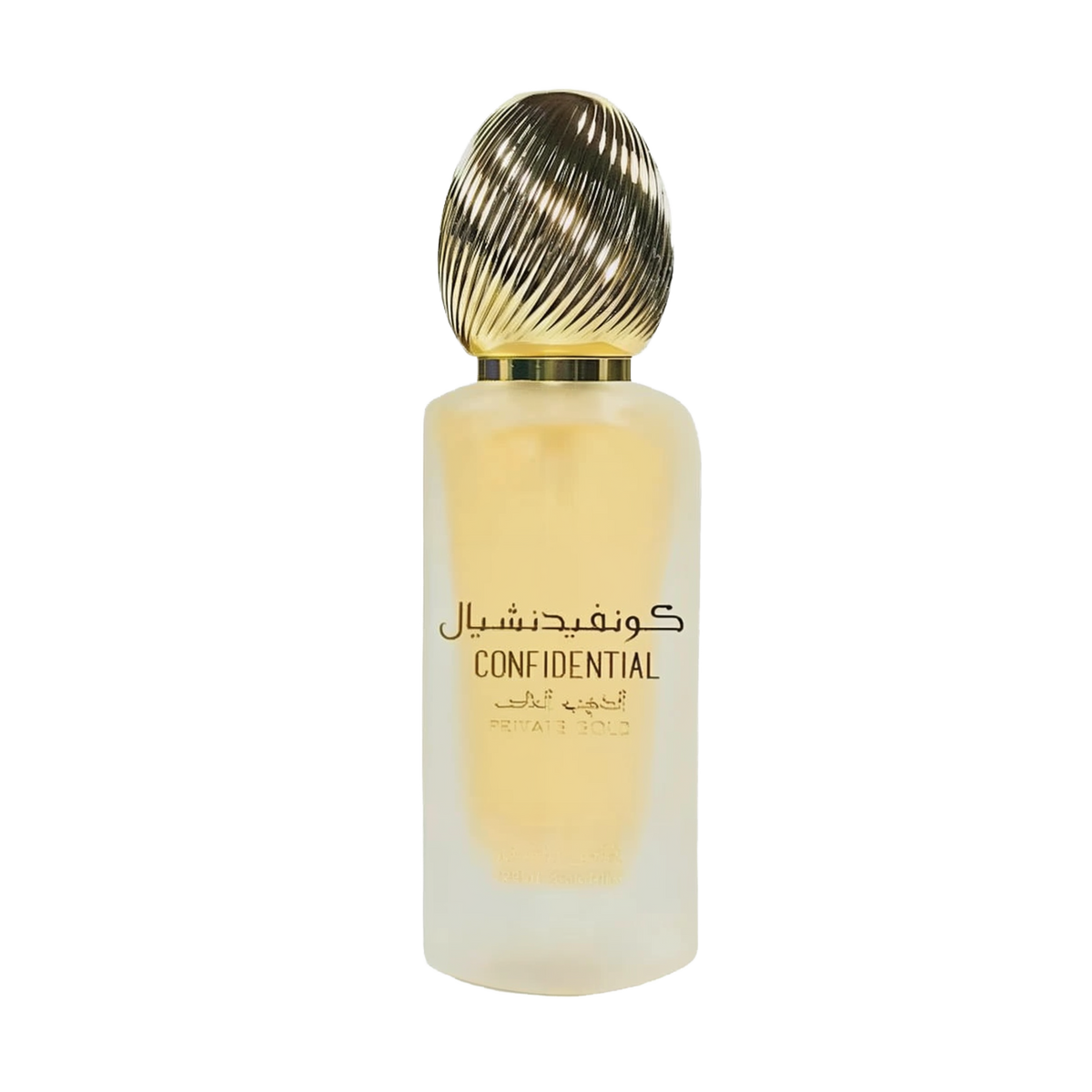The image features a single bottle of perfume or hair mist with a design that gives a sense of luxury. The bottle has a gradient from yellow to white, suggesting a golden hue at the bottom that fades to a clearer top. It has a metallic, ribbed cap that appears gold in color. The bottle is labeled with the word "CONFIDENTIAL" in uppercase letters, along with Arabic script above it.