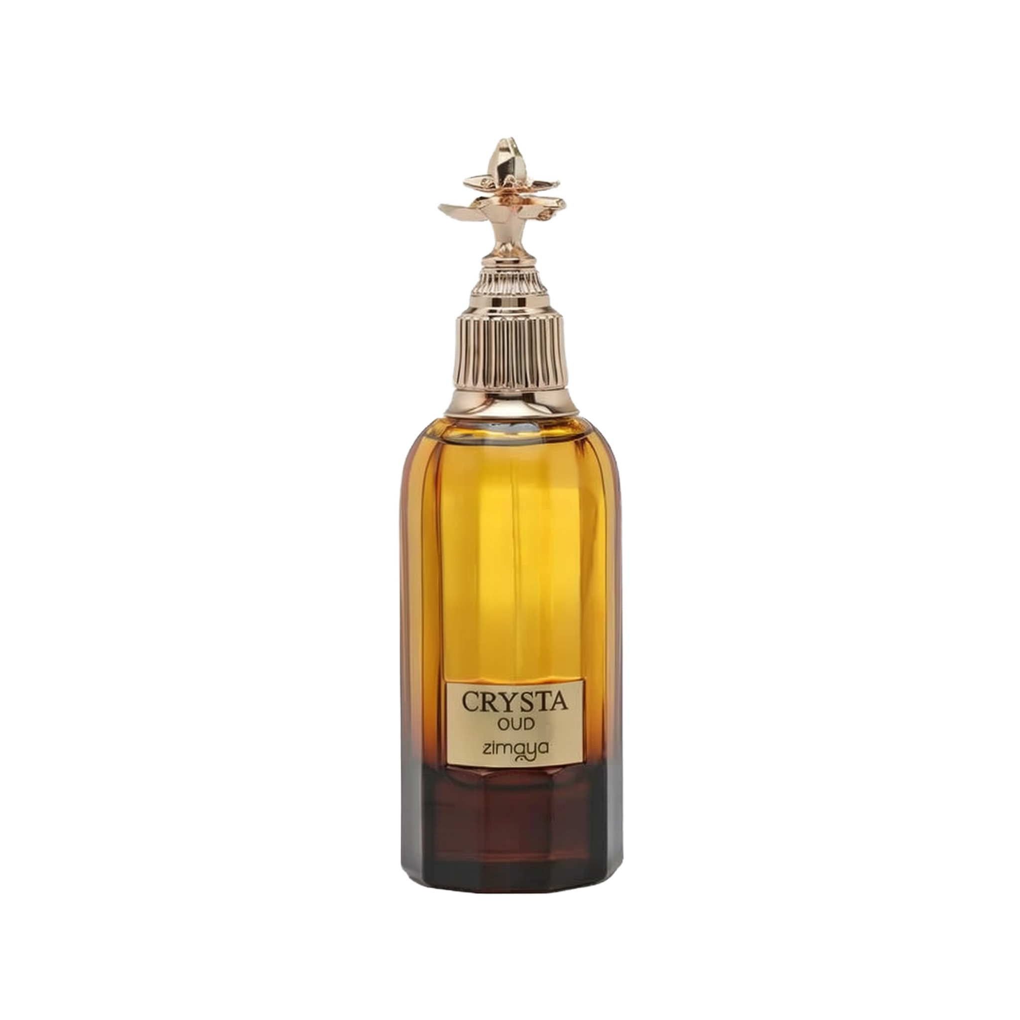 The image shows a bottle of "CRYSTA OUD" by Zimaya, a luxury fragrance. The bottle is tall with a rectangular base and rounded shoulders, filled with a rich amber-colored liquid. It features a thick, dark brown base that lightens as it reaches the top. The cap is a distinctive spray nozzle with a textured ring and an ornate, gold-toned decorative element on top that looks like a stylized flower.