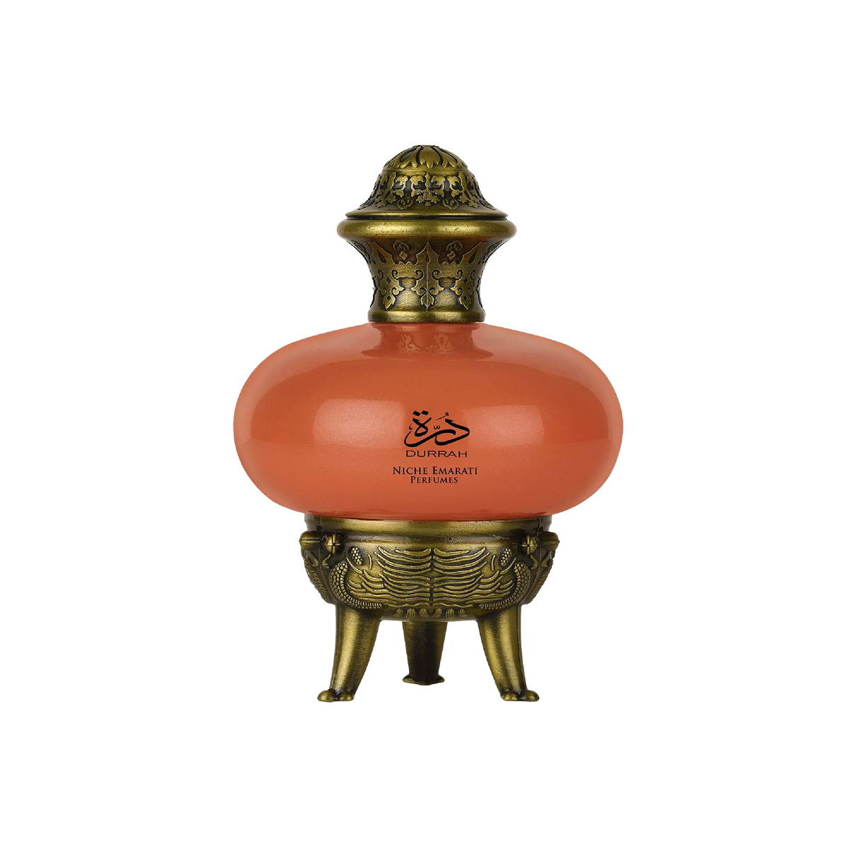 Durrah by Niche Emarati Perfumes Lattafa in a coral-colored round bottle with ornate antique gold cap and decorative tripod base.