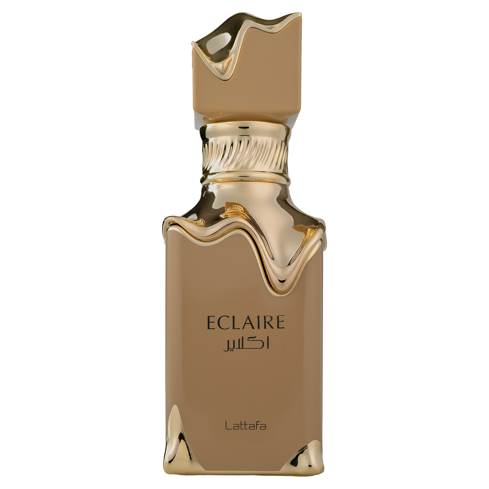 Eclaire by Lattafa, a tan perfume bottle with prominent melted gold detailing around the neck and base.