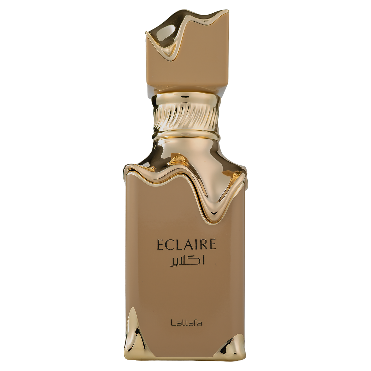 Eclaire by Lattafa, a tan perfume bottle with prominent melted gold detailing around the neck and base.