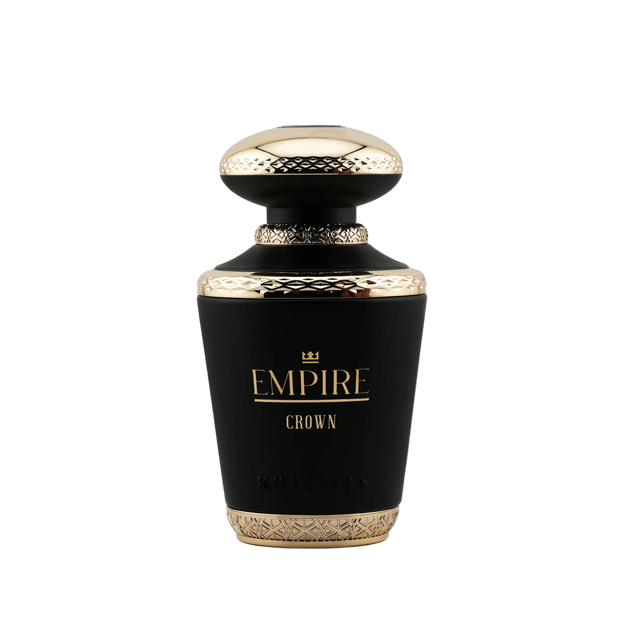 Khadlaj Empire Crown fragrance bottle in matte black and gold, featuring intricate patterns on the cap and base, studio shot.