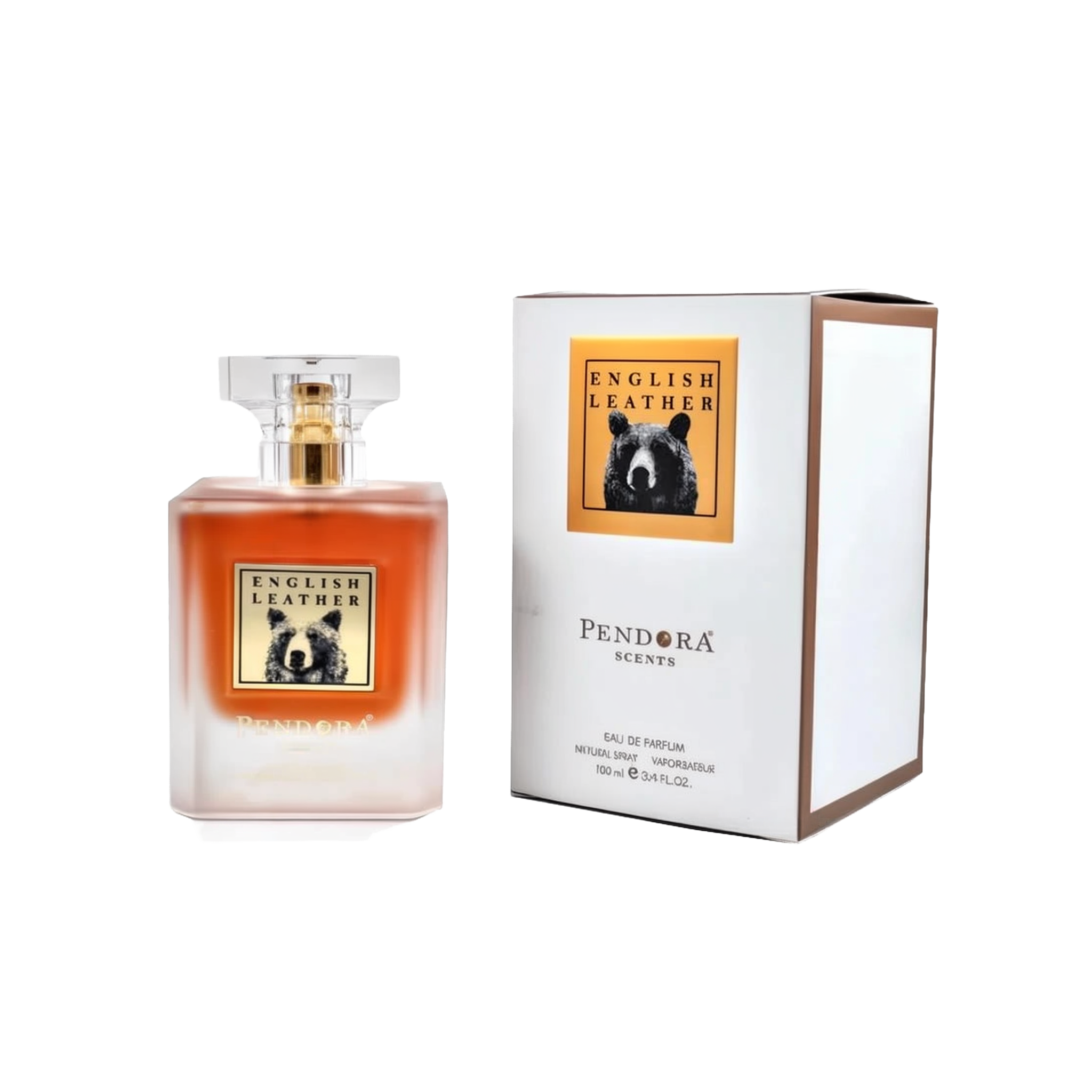 A rectangular frosted glass perfume bottle transitioning from clear to warm amber, with a clear square cap and a bear illustration on the label reading “English Leather.” The bottle is shown next to a white box with the same “English Leather” bear label and “Pendora Scents” branding.