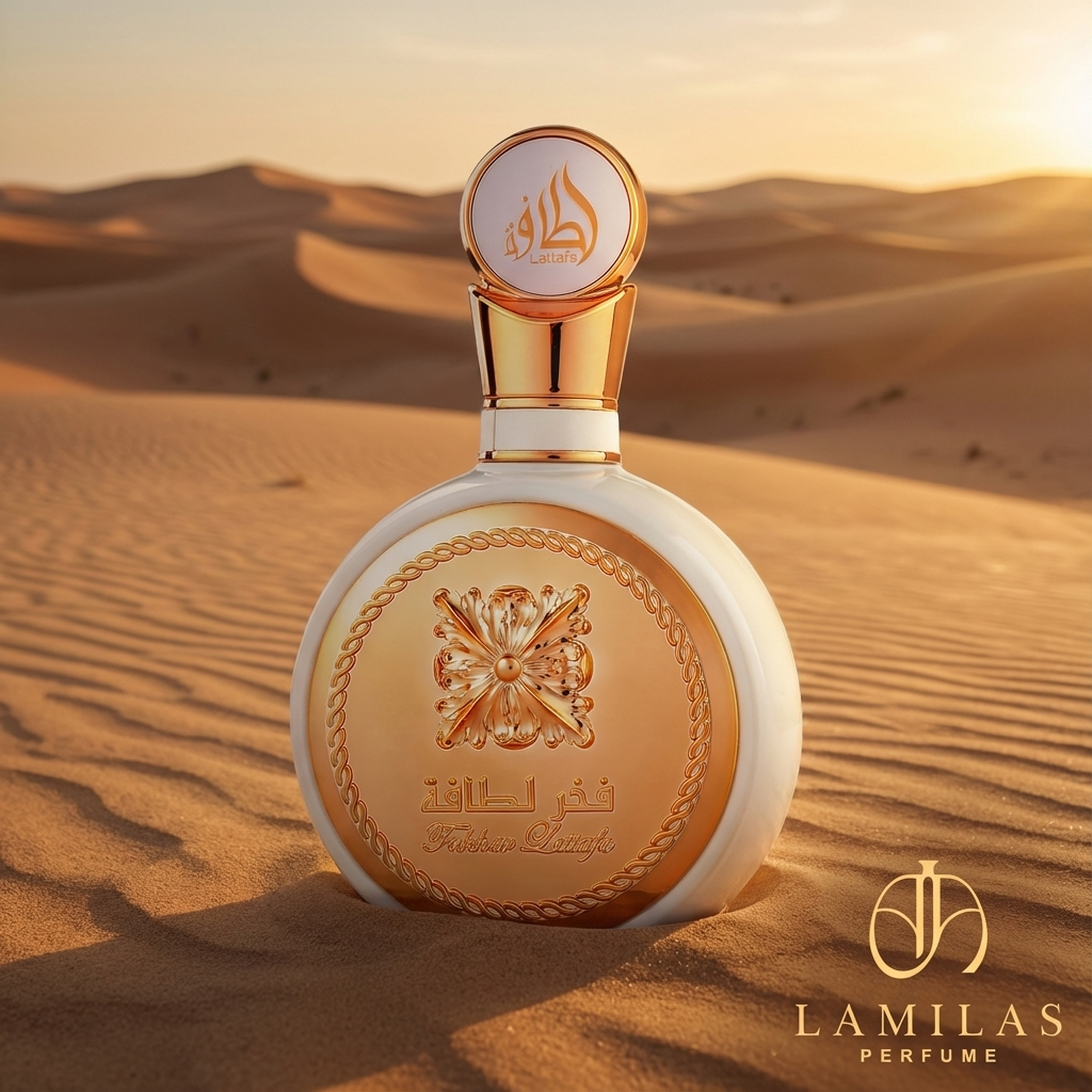 Fakhar Lattafa Women's white and gold perfume bottle showcased in a sunlit desert landscape.