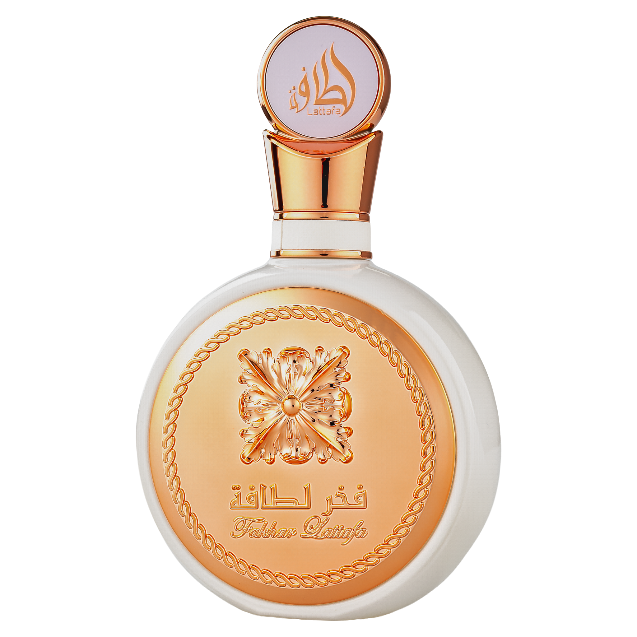 Elegant Fakhar Lattafa perfume bottle, white with a rose gold metallic cap and ornate golden relief detailing on the front.