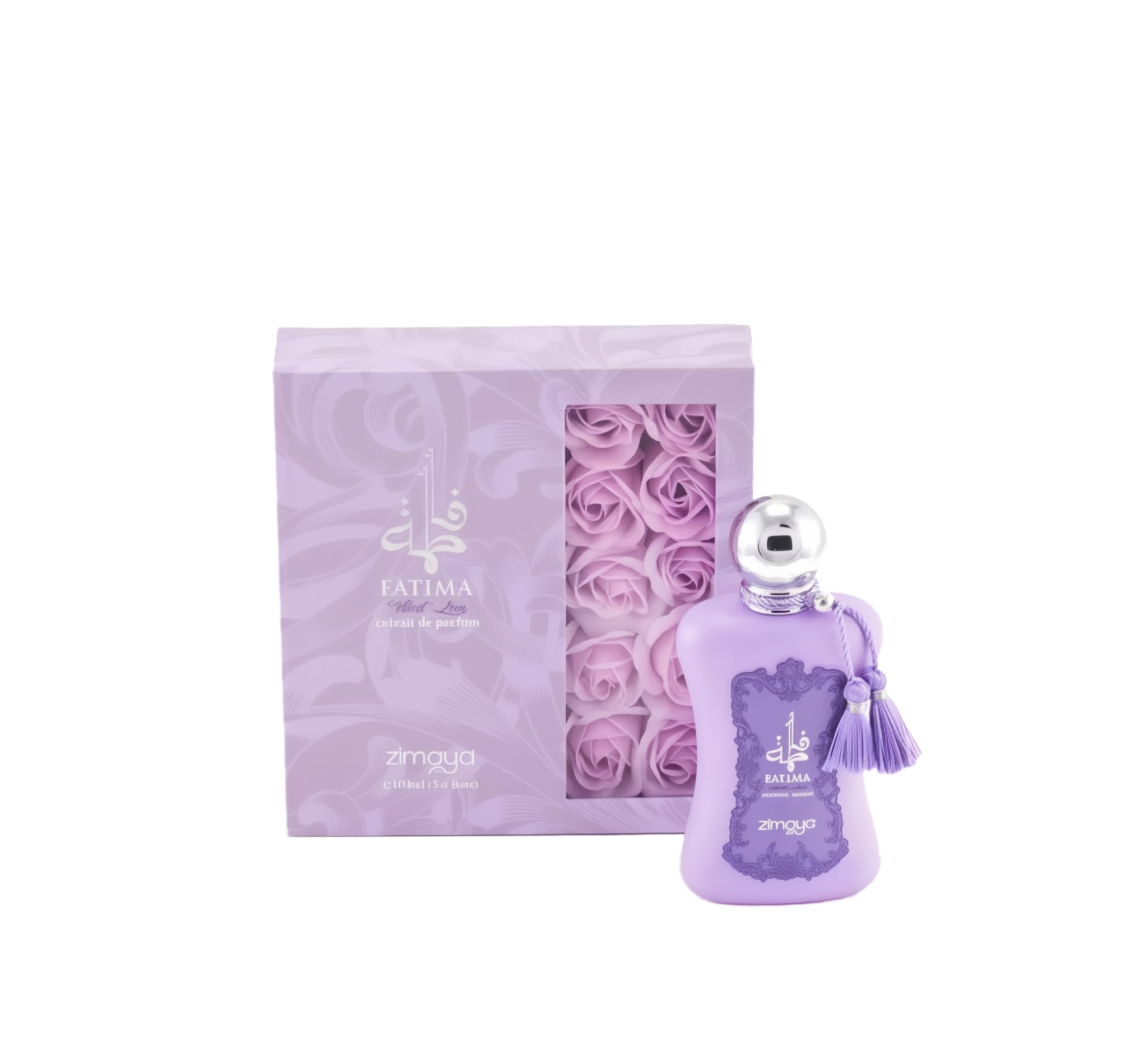 The image shows a bottle of "Fatima Velvet Love" extrait de parfum by Zimaya alongside its packaging. The perfume bottle is a soft lavender color with a silver spherical cap and is adorned with matching lavender tassels. The accompanying box is also lavender with silver text and a clear window showcasing lavender rose petals inside, enhancing the luxurious and feminine presentation of the product.