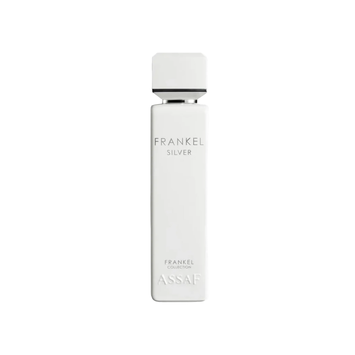 Assaf Frankel Silver perfume bottle with a tall white rectangular design, matching square cap with silver accent ring.