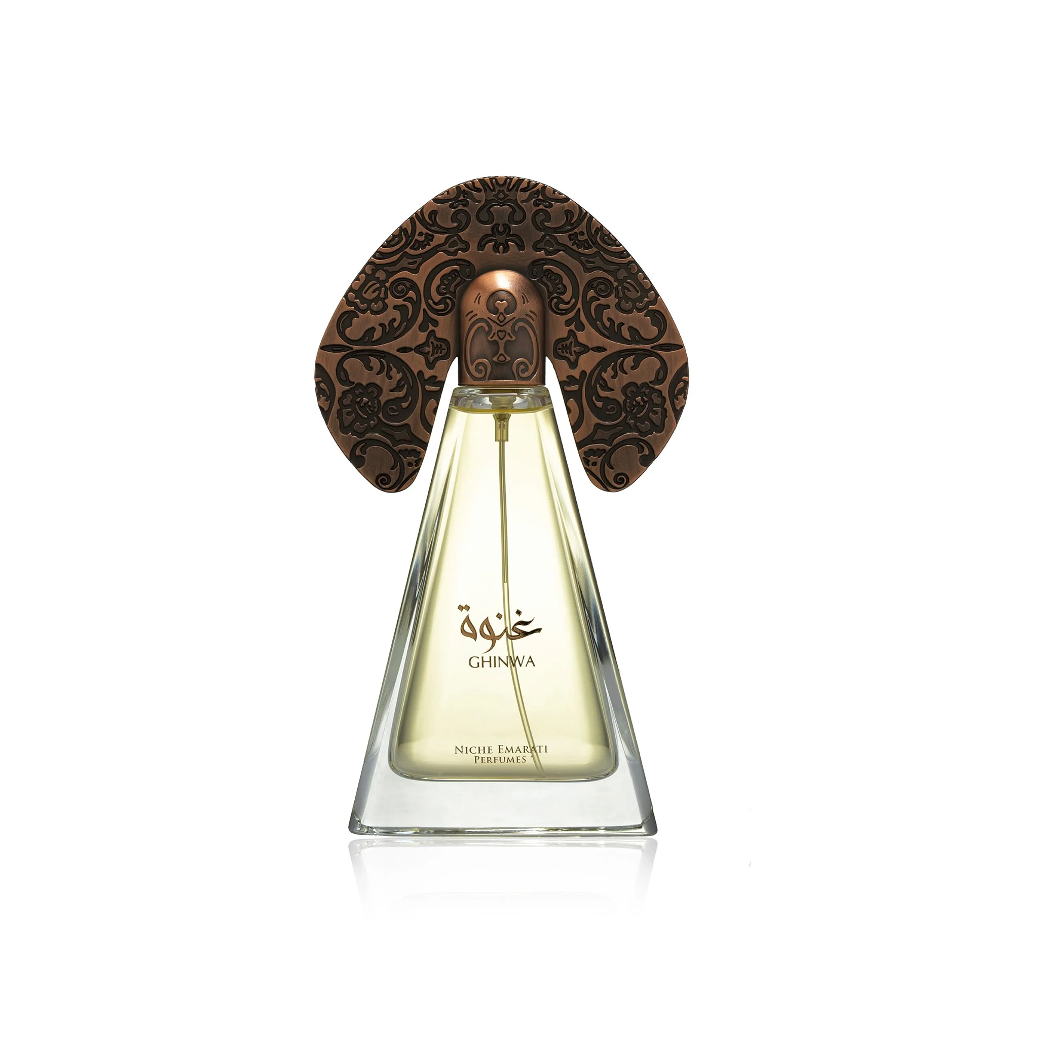 Ghinwa perfume bottle featuring a tapered glass flask and a large, intricately etched copper-toned decorative wing cap.