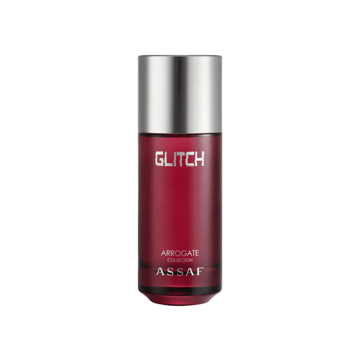 Glitch perfume by Assaf Arrogate Collection in red bottle with silver cap.