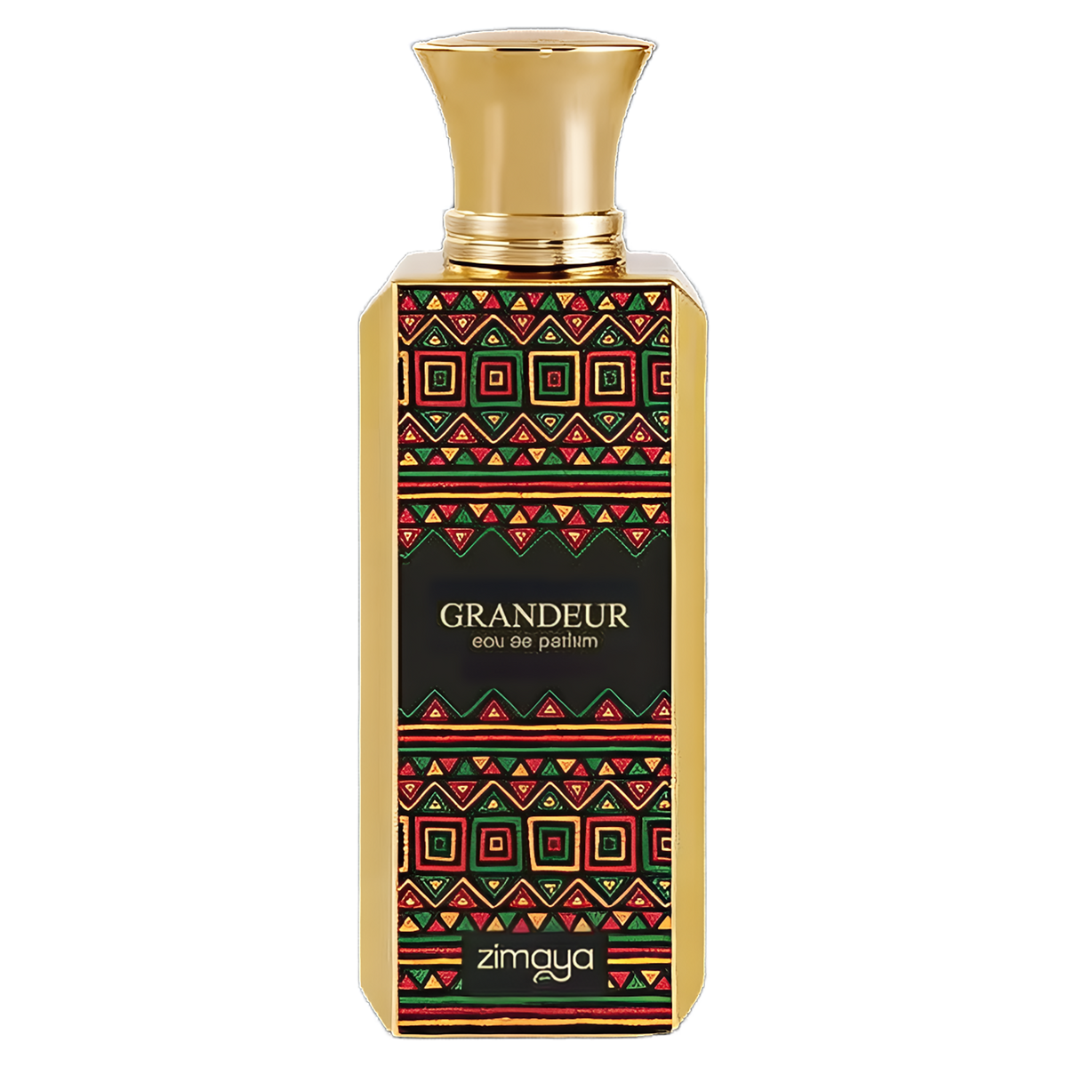 Zimaya Grandeur Eau de Parfum gold bottle with a bold, colorful red, green, and black geometric pattern.