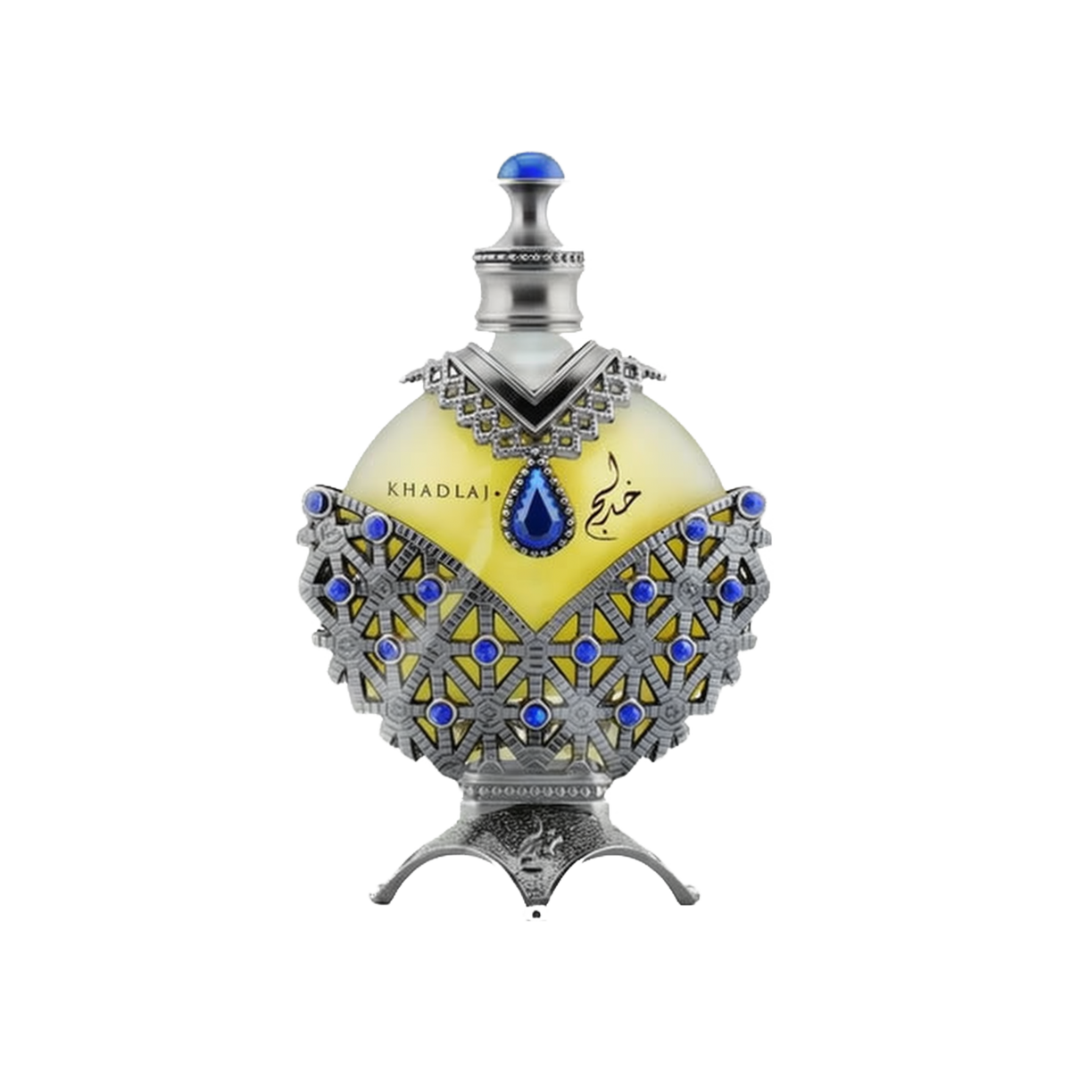 A luxurious perfume box and bottle from the brand Khadlaj, named Hareem Al Sultan Blue. The box is designed with intricate silver and blue patterns, featuring an ornate design that exudes elegance and sophistication. The perfume bottle is shaped like a teardrop and embellished with detailed silver and blue decorations. The bottle has a prominent blue jewel at its center and is topped with a silver cap adorned with a blue gem.