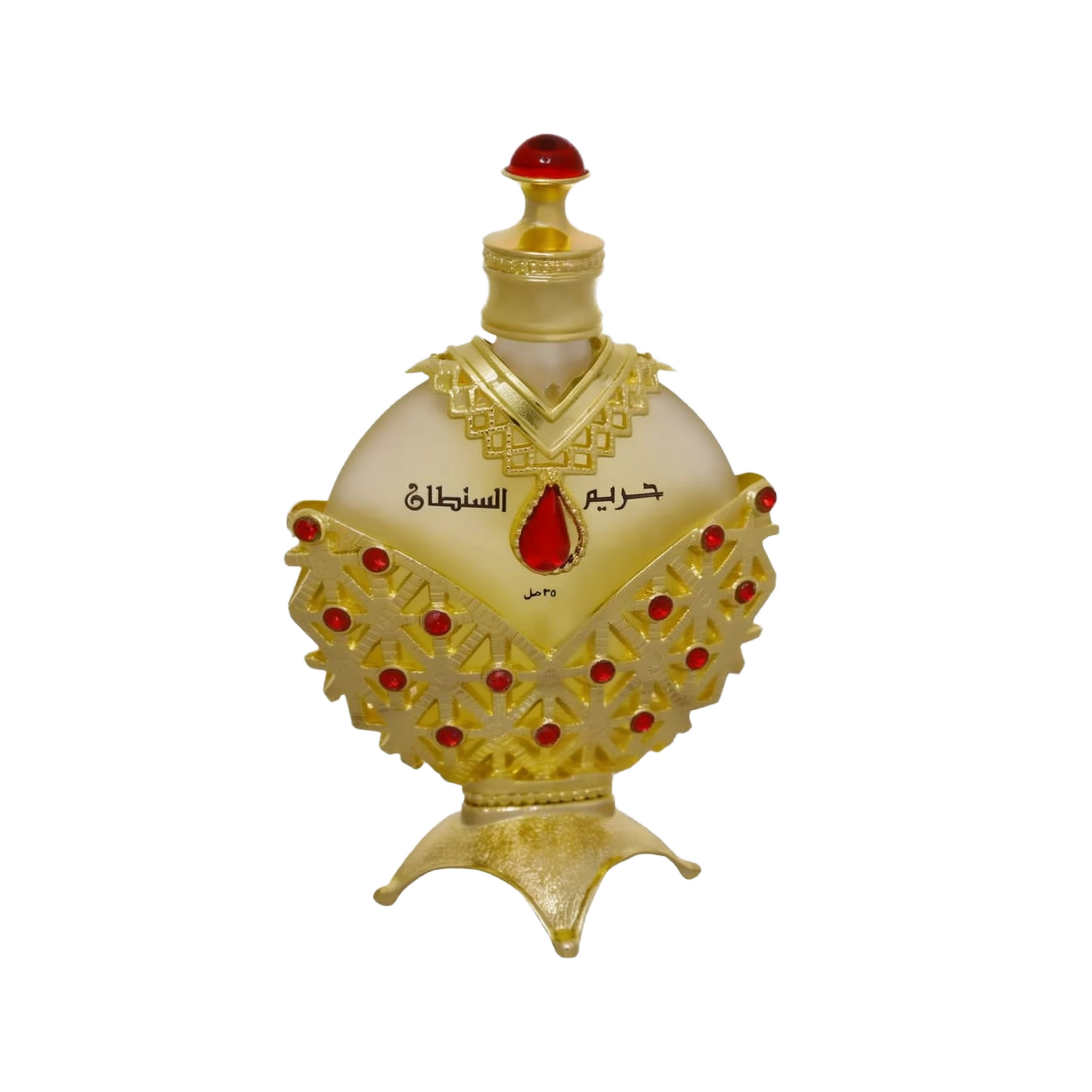The image displays an opulent perfume bottle with a white background. The body of the bottle is a pale, translucent yellow, topped with a bright red cap resembling a gemstone.