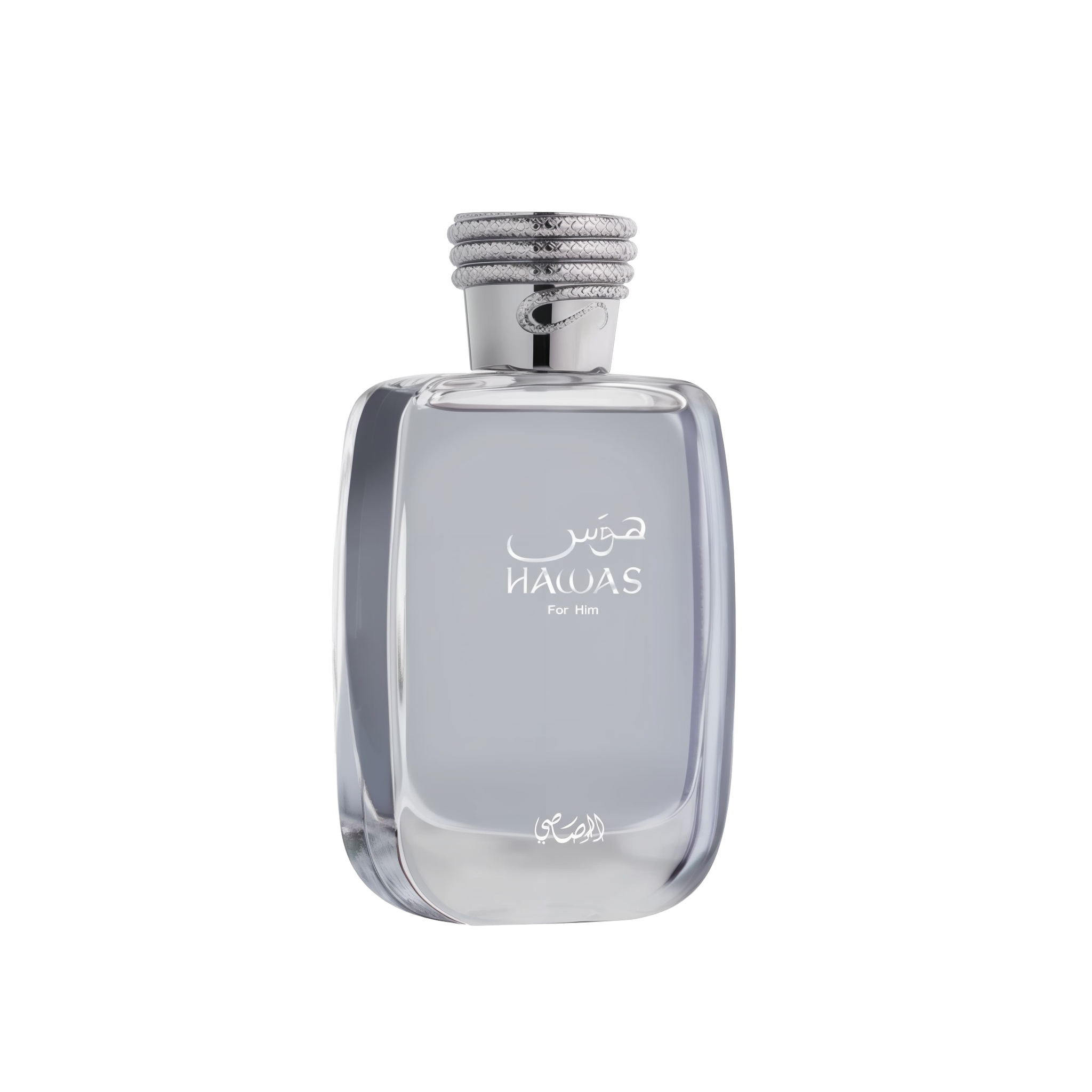 A close-up of the HAWAS For Him perfume bottle by Al Rasasi. It's a clear, rectangular glass bottle with rounded edges, filled with a light blue tinted liquid. The bottle features elegant white Arabic and English lettering that reads "HAWAS For Him." The cap is a textured silver, resembling a coiled rope design, which adds a sophisticated touch. The base of the bottle also has a delicate, white Arabic script logo.