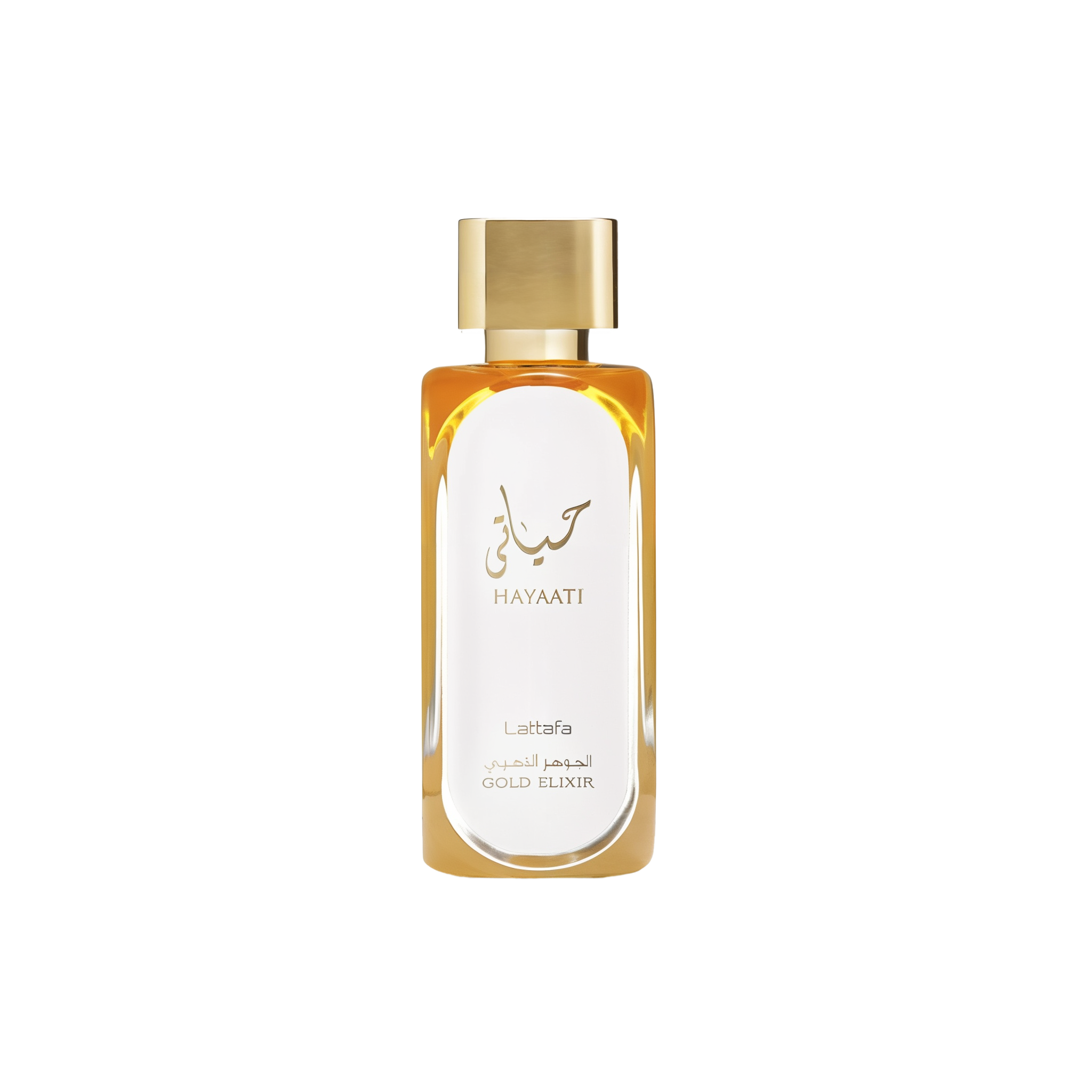 A rectangular glass perfume bottle filled with golden liquid, featuring a sleek gold cap. The front is printed with Arabic and English text reading “Hayaati Lattafa Gold Elixir.”