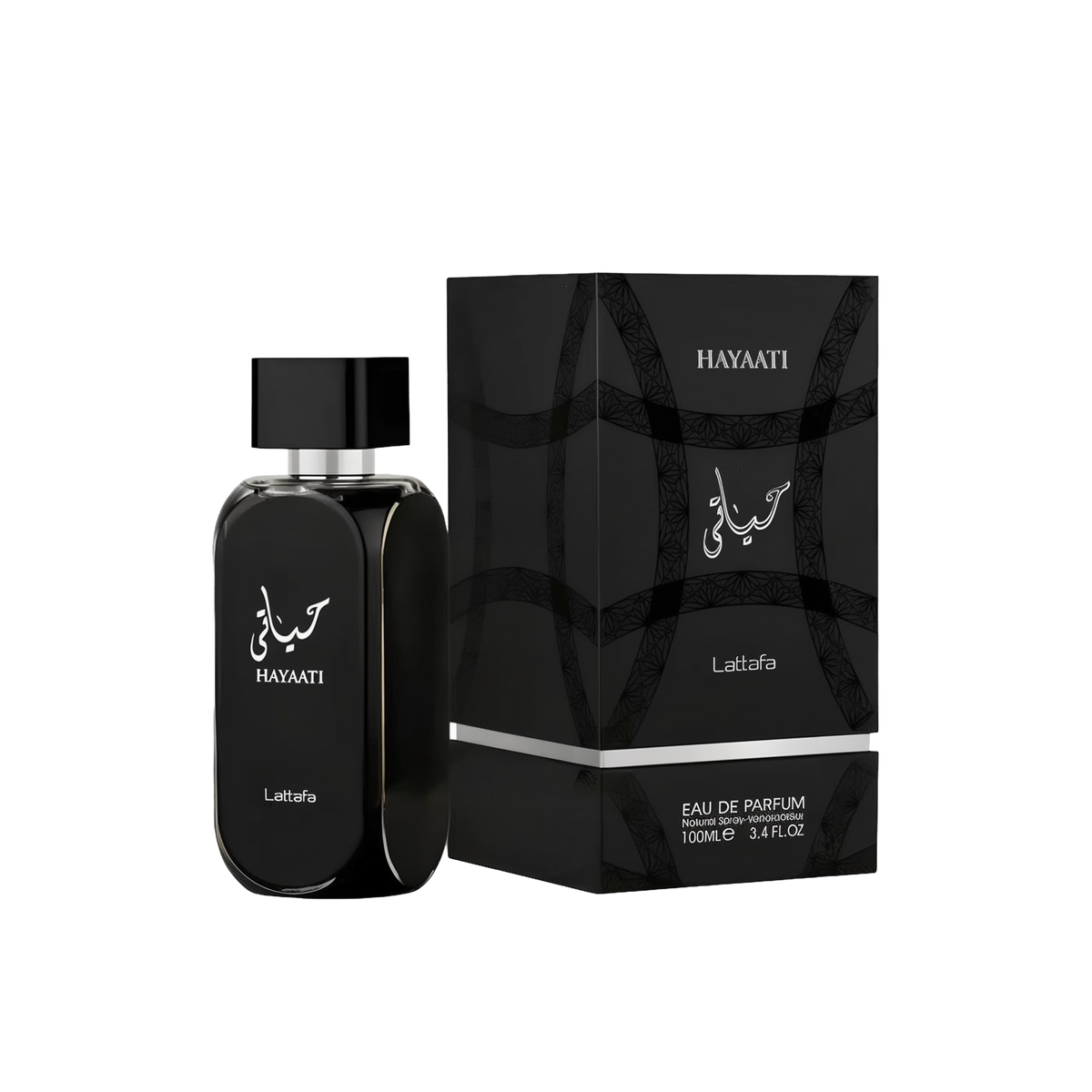 The image shows a black bottle of perfume from Lattafa with the name "Hayaati" written in both Arabic and English on the front. The bottle has a sleek, rectangular design with rounded edges and a silver ring around the neck. The packaging box, also black,