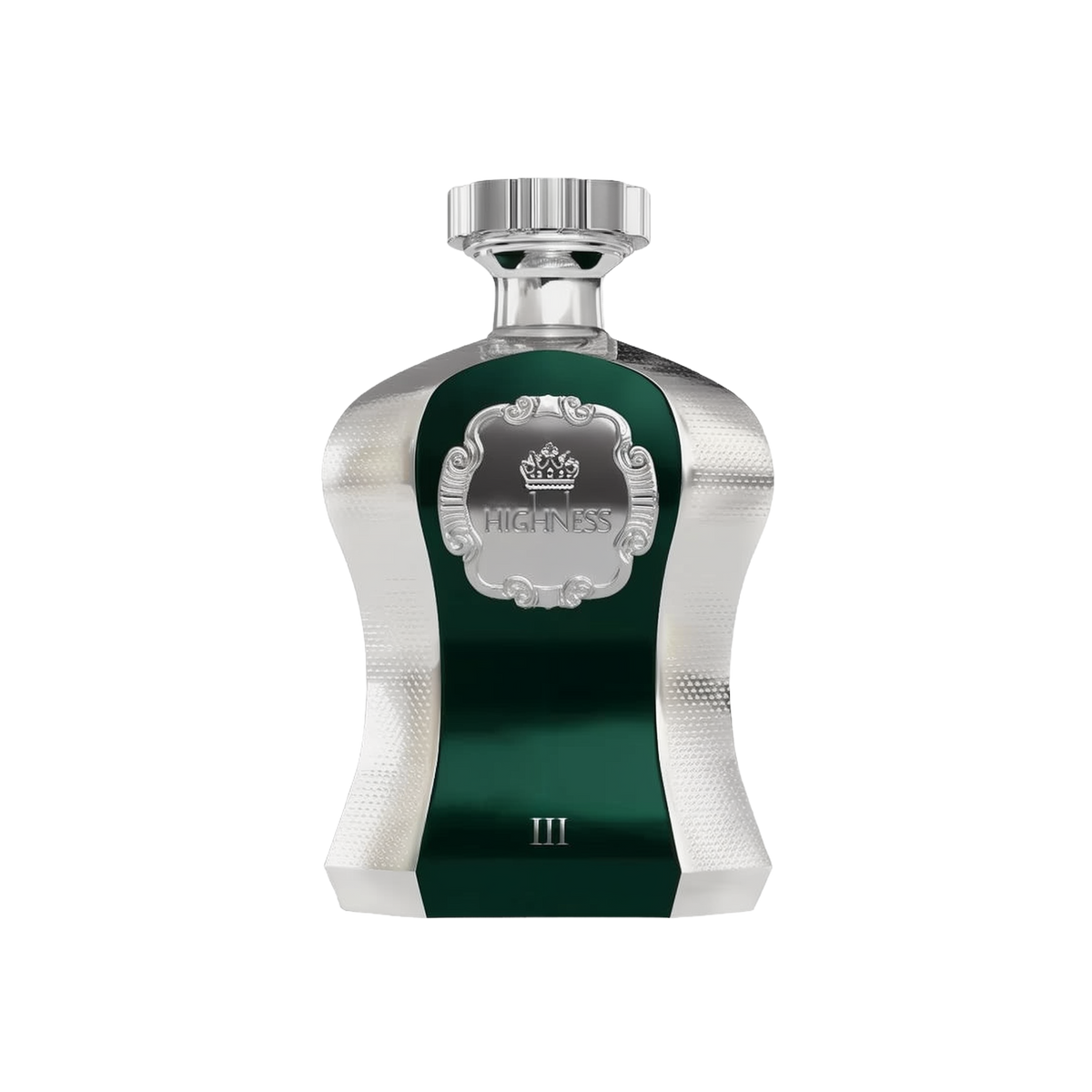 The image shows an elegant perfume bottle from Afnan Perfumes, part of the "Highness" series, featuring a deep green central panel surrounded by a metallic silver body with a textured finish. The front panel has the word "HIGHNESS" framed within a silver ornate border, under a crown symbol, indicating the regal nature of the scent. A polished silver cap sits on top of the bottle, and the number "III" is marked at the bottom of the green panel.
