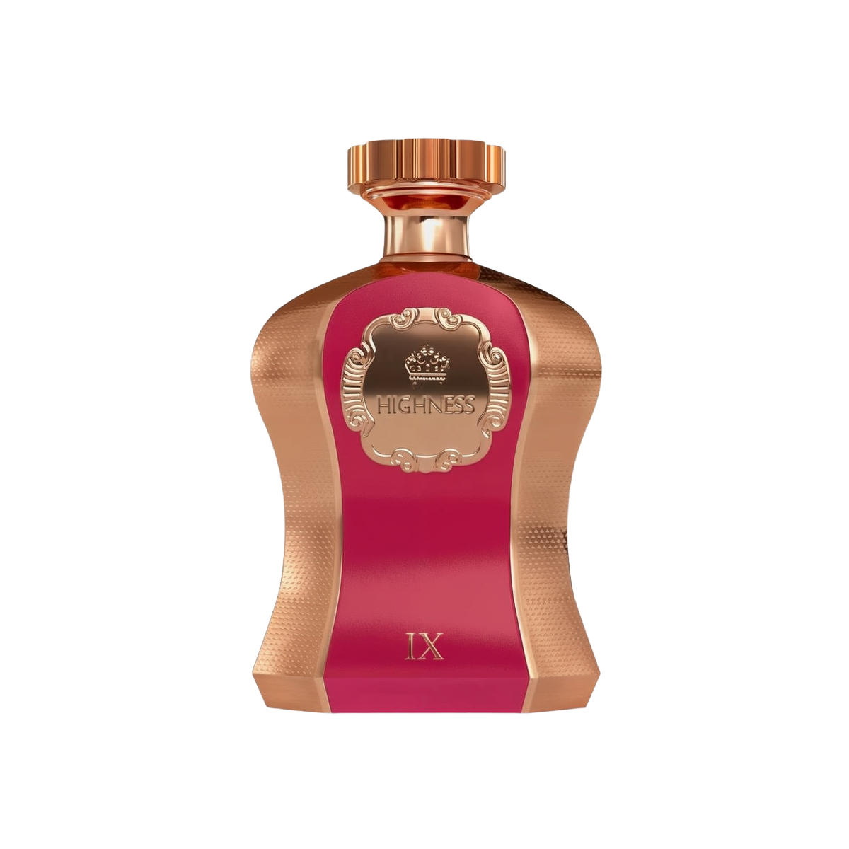 An image of a striking perfume bottle from Afnan Perfumes named "Highness Maroon IX". The bottle has a bold maroon center with a rose gold textured metallic finish on the edges. It features a crown emblem within an ornate frame on the maroon label, with the word "HIGHNESS" prominently displayed. The top of the bottle is adorned with a smooth rose gold cap.