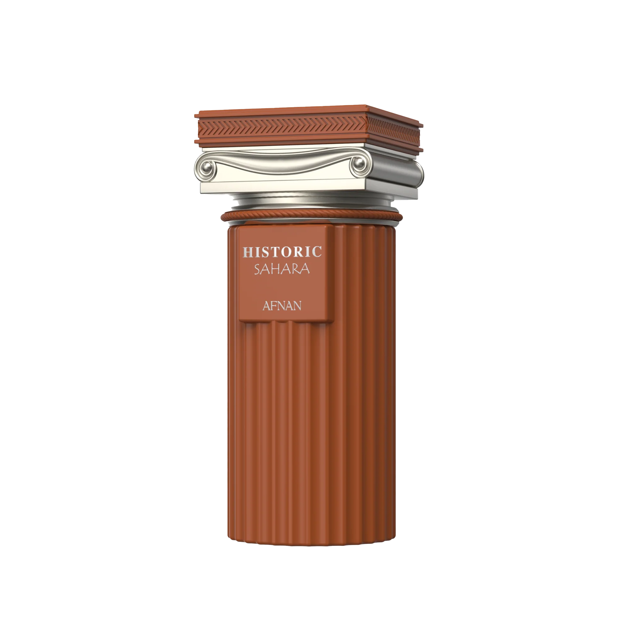 Terracotta ribbed perfume bottle with silver architectural cap and Historic Sahara Afnan branding.