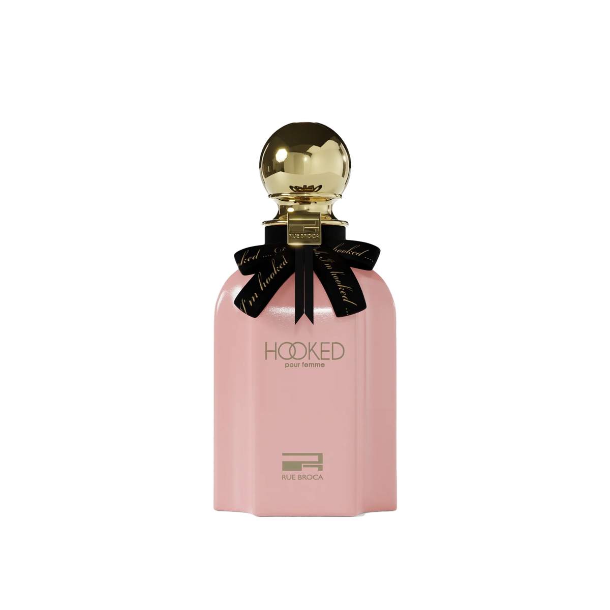 Hooked Pour Femme by Rue Broca in chic pink bottle with gold cap and elegant black ribbon.