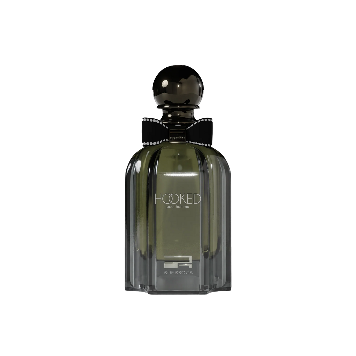 Hooked Pour Homme by Rue Broca in sleek smoky bottle with bold black bow tie.
