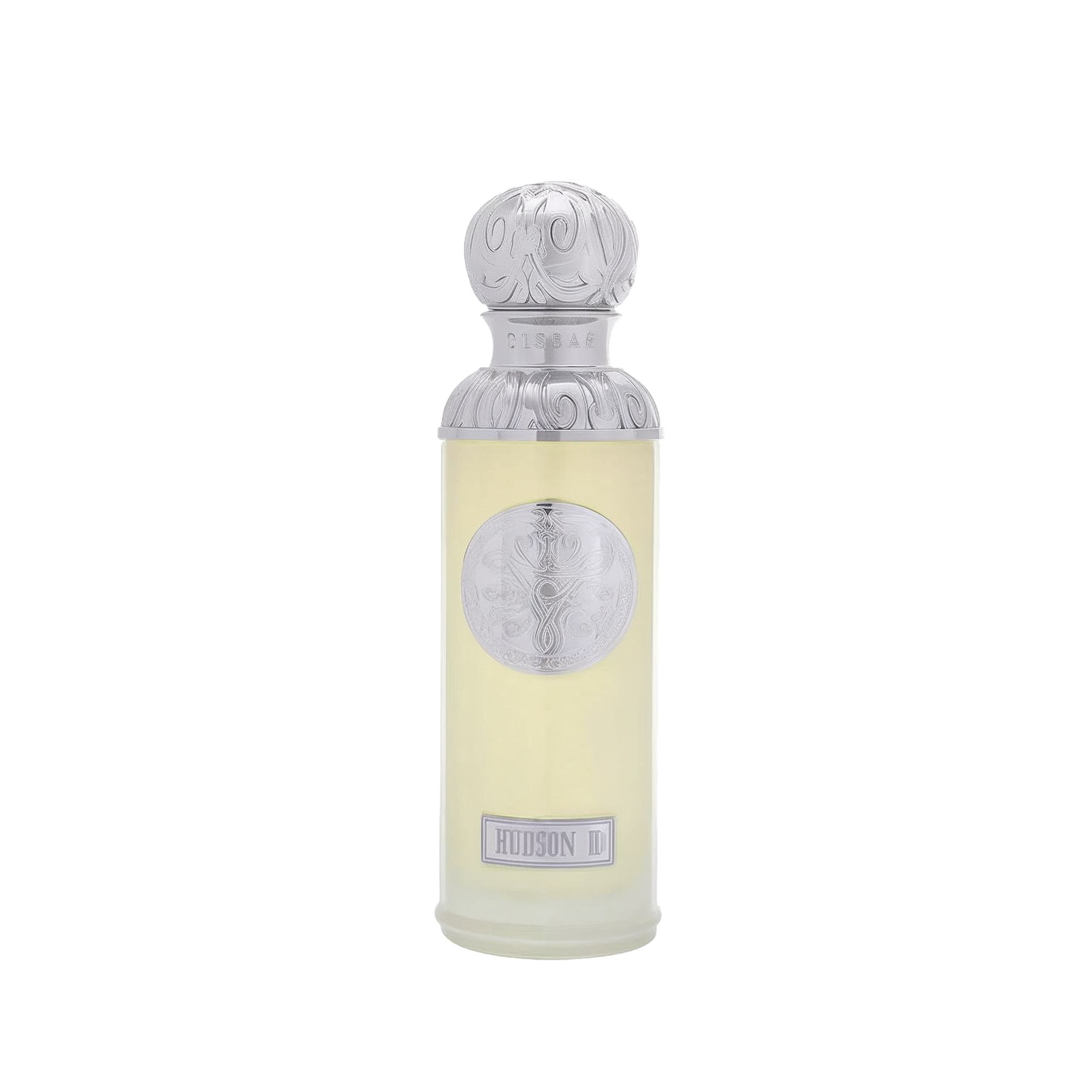 he image features a perfume bottle named "Hudson II" from the Gissah collection. The bottle is a light, almost translucent yellow with a tall cylindrical shape. It has a detailed silver cap and a silver medallion on the body, both featuring intricate embossed designs. The name "Gissah" is inscribed on the neck of the bottle, and "HUDSON II" is displayed on a plaque at the bottom.