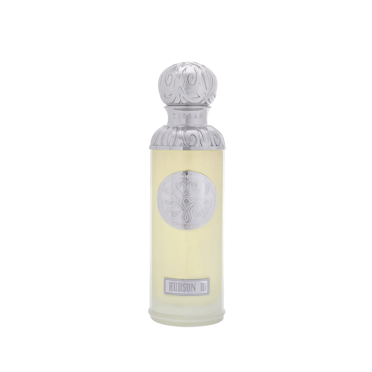 he image features a perfume bottle named "Hudson II" from the Gissah collection. The bottle is a light, almost translucent yellow with a tall cylindrical shape. It has a detailed silver cap and a silver medallion on the body, both featuring intricate embossed designs. The name "Gissah" is inscribed on the neck of the bottle, and "HUDSON II" is displayed on a plaque at the bottom.